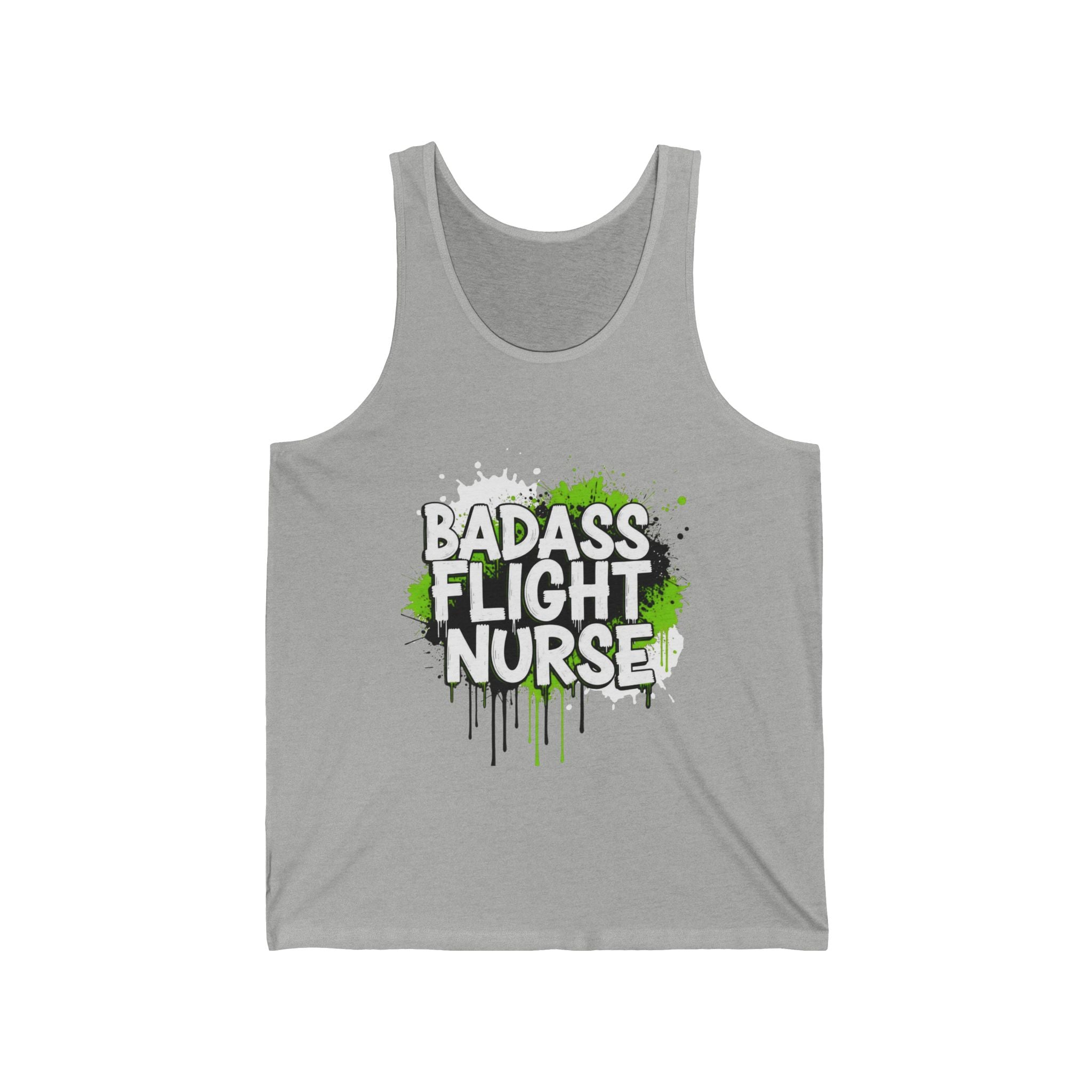 Gray tank top with 'BADASS FLIGHT NURSE' text and green splashes on a white background