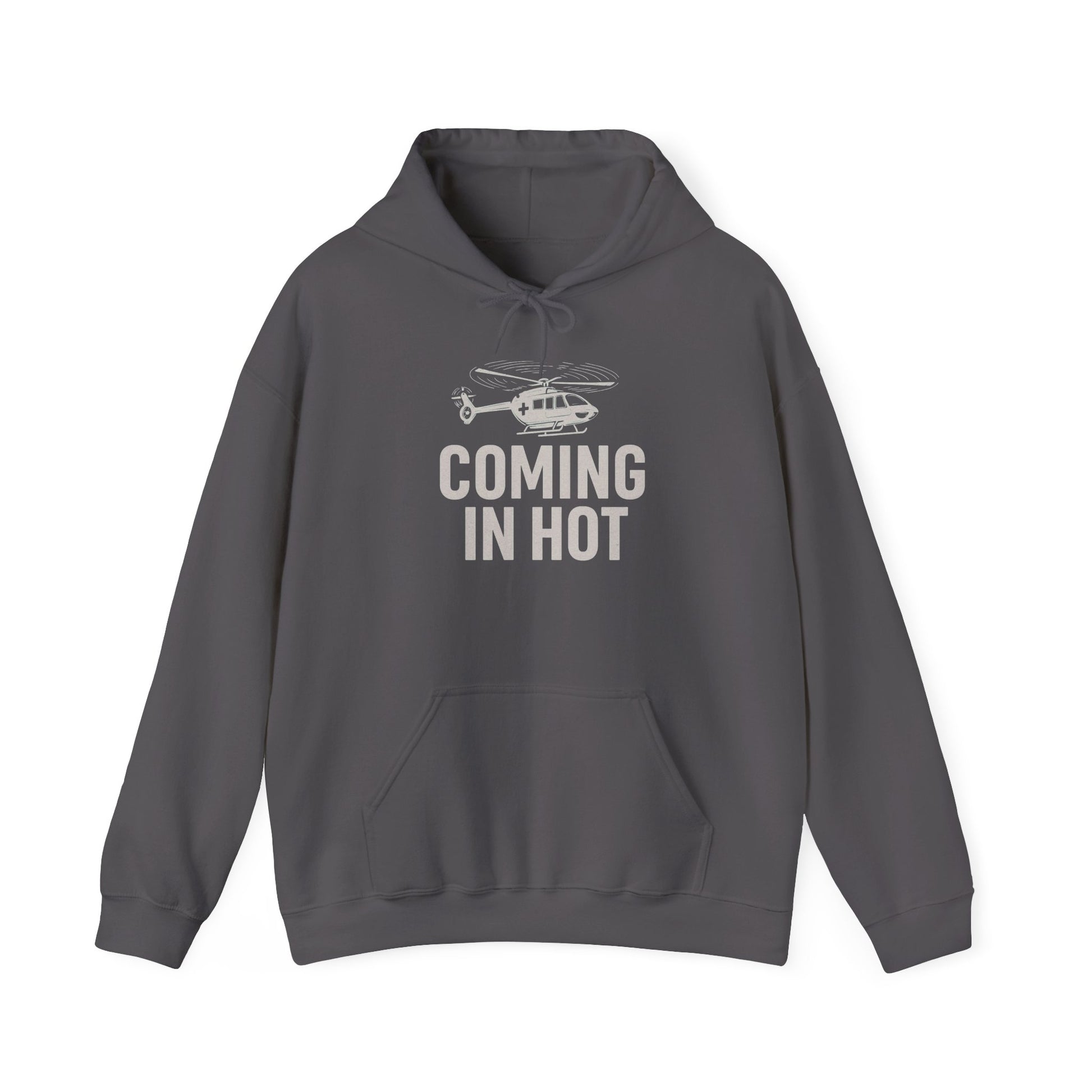 Gray hoodie with helicopter graphic and 'Coming in Hot' text on a white background