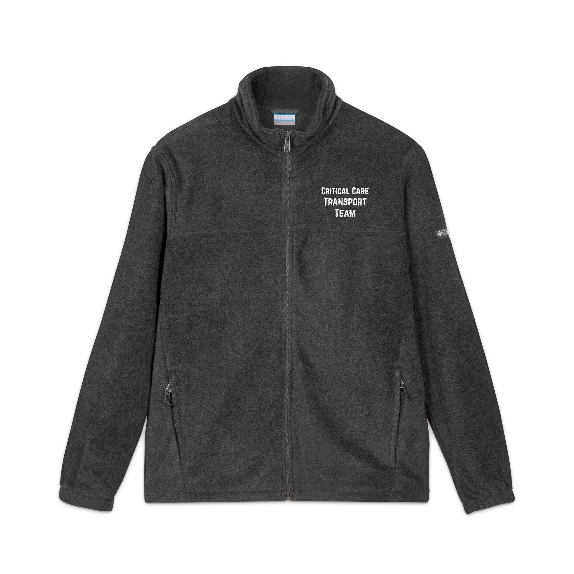 Dark gray Columbia fleece jacket with 'Critical Care Transport Team' embroidered text by Rotor Wash & Wear