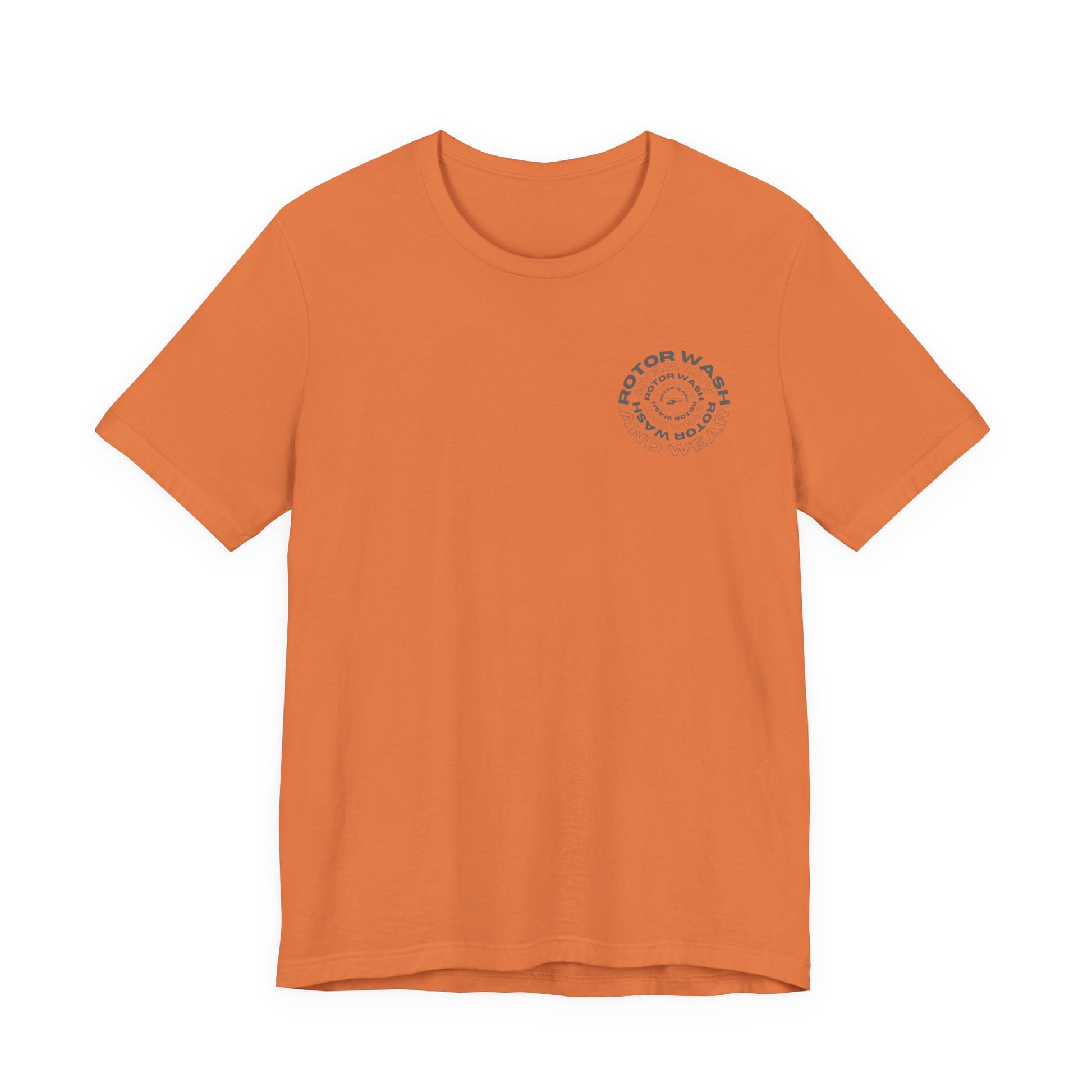 Orange t-shirt with 'Rotor Wash and Wear' circular design text design on the left chest on a white background