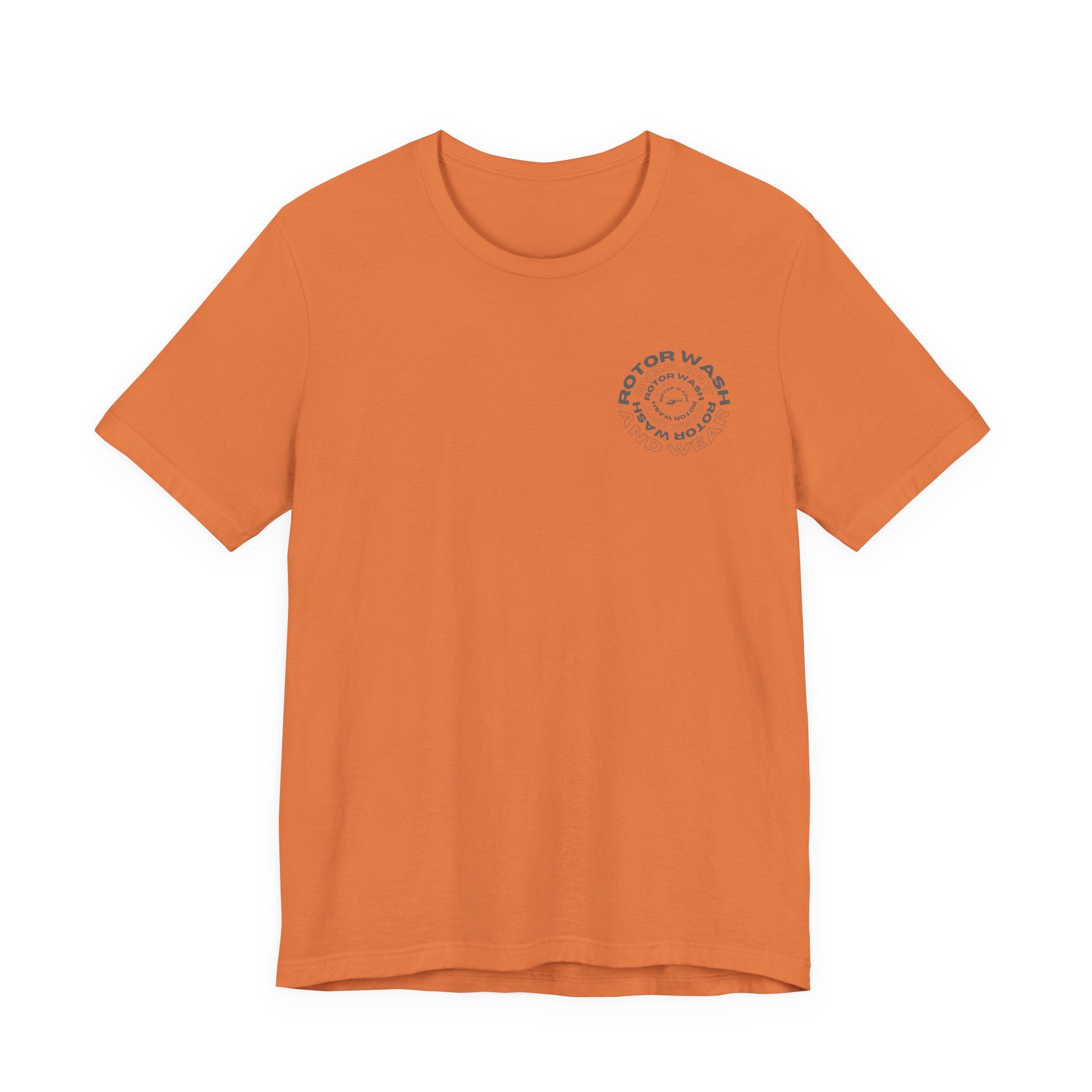 Orange t-shirt with 'Rotor Wash and Wear' circular design text design on the left chest on a white background