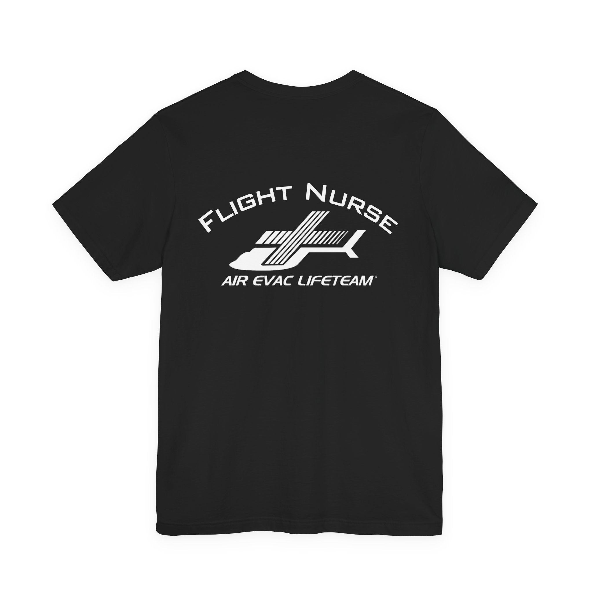 Black t-shirt with 'Flight Nurse" text and Air Evac Lifeteam' logo on the back by Rotor Wash & Wear