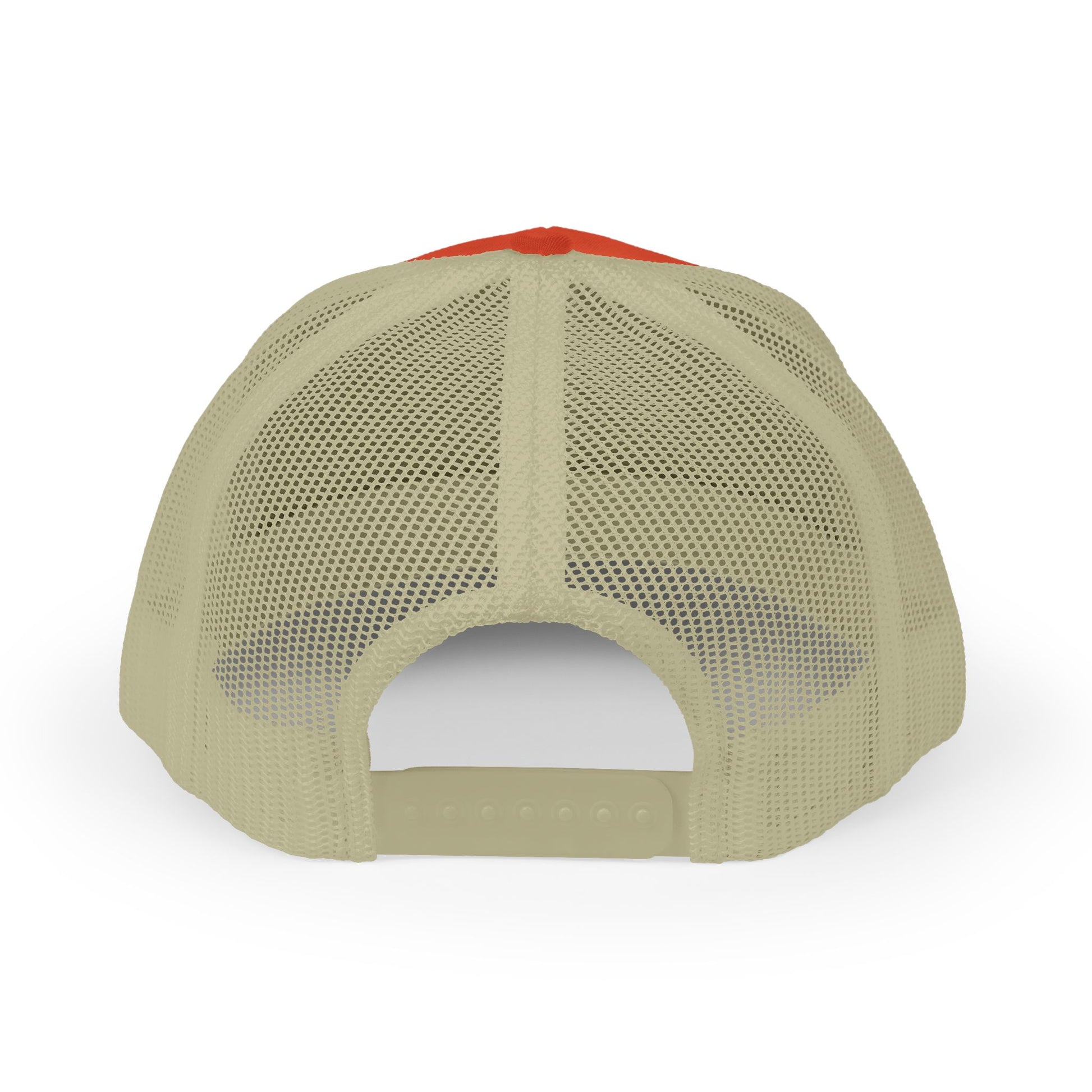 Beige mesh cap with red top on a white background