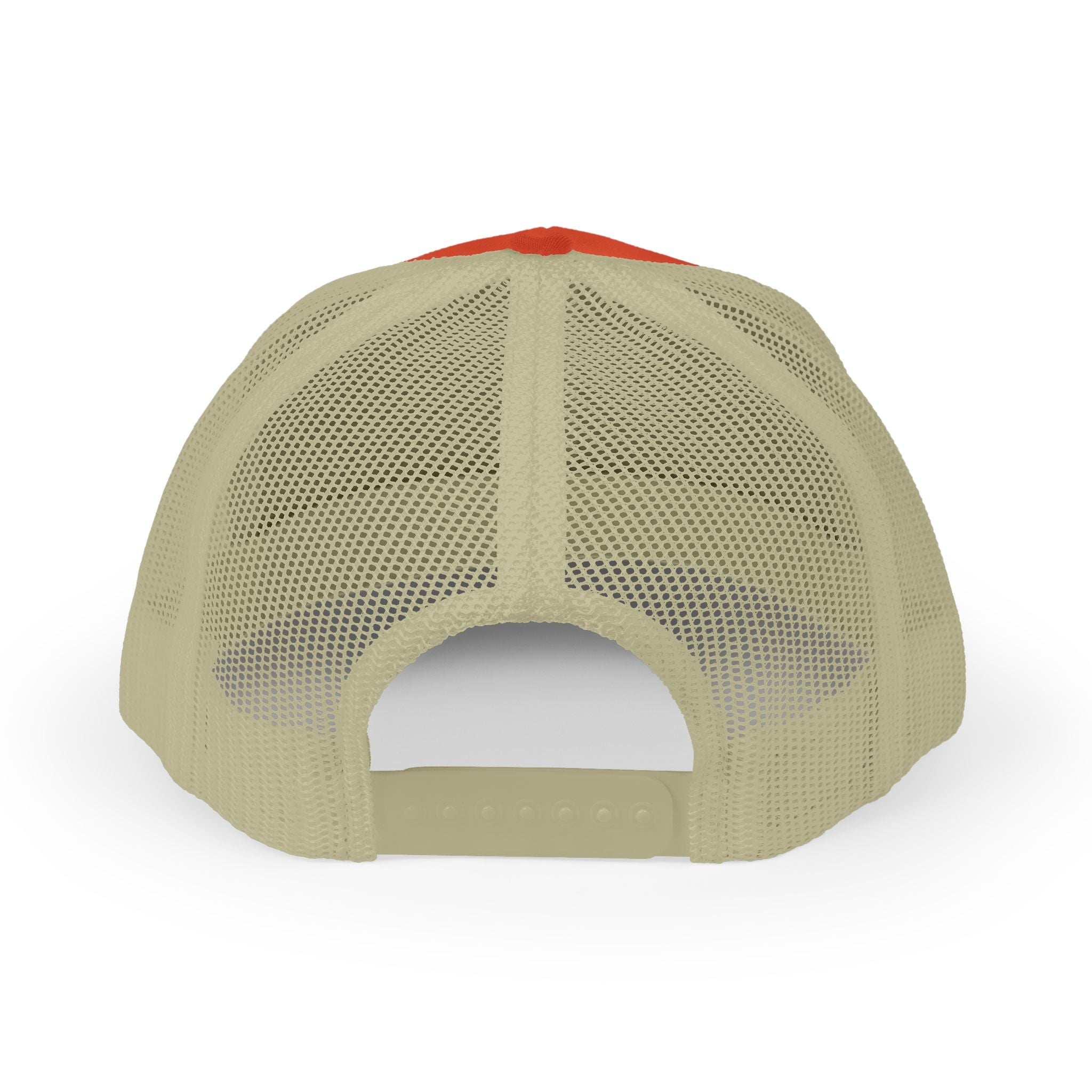 Beige mesh cap with red top on a white background