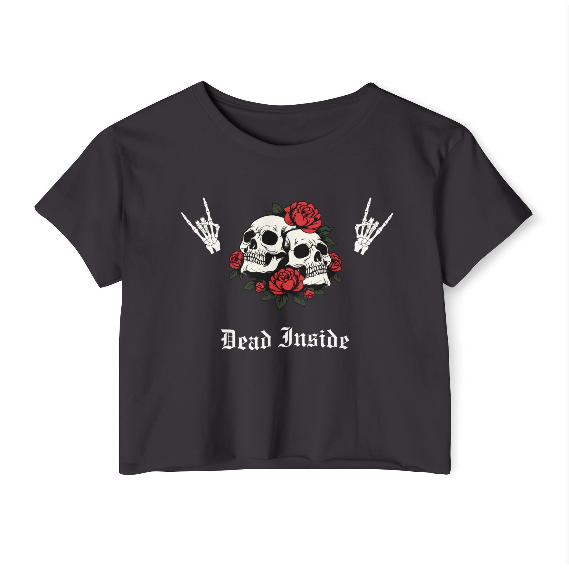 Black t-shirt with skull and roses design and 'Dead Inside' text by Rotor Wash & Wear