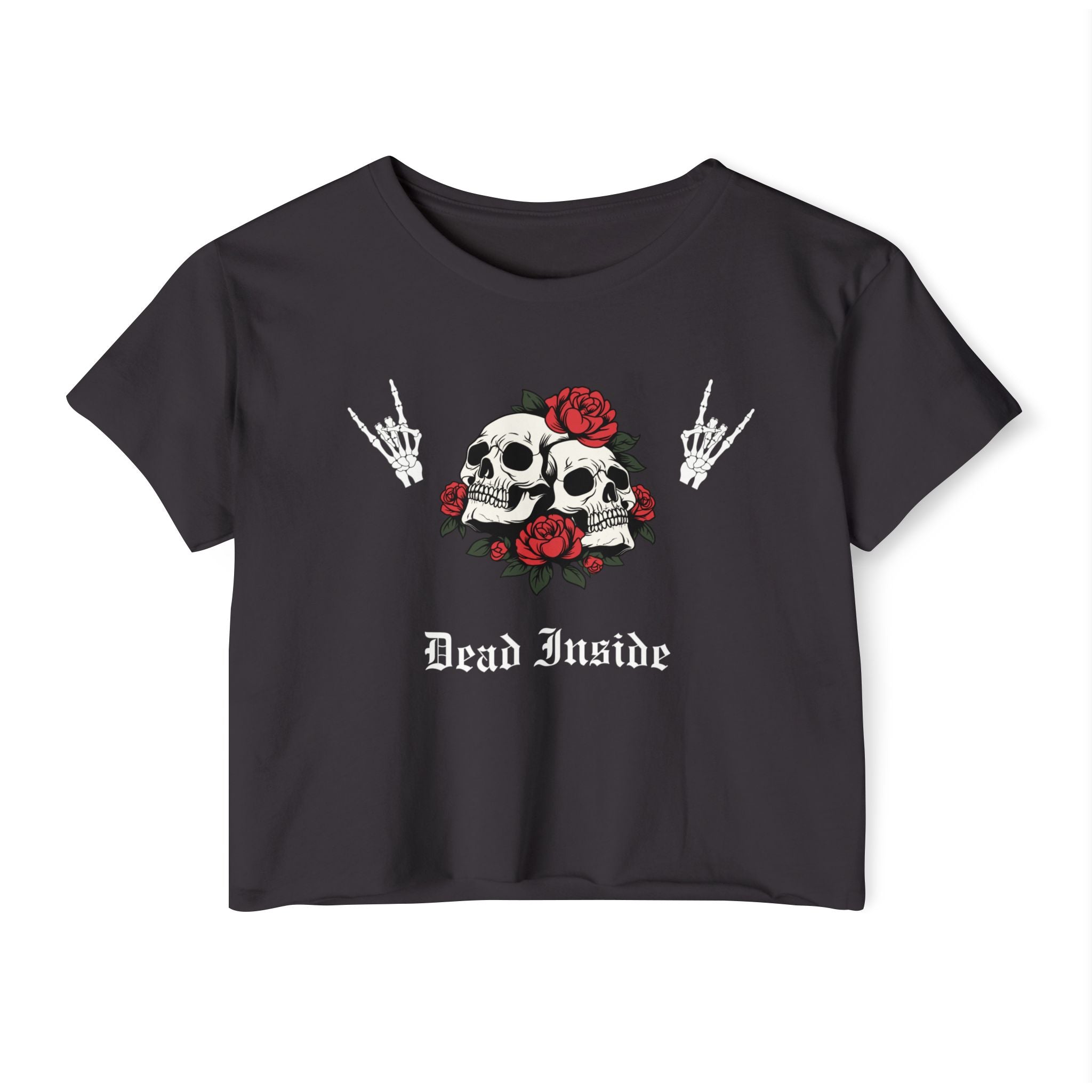 Black t-shirt with skull and roses design and 'Dead Inside' text by Rotor Wash & Wear