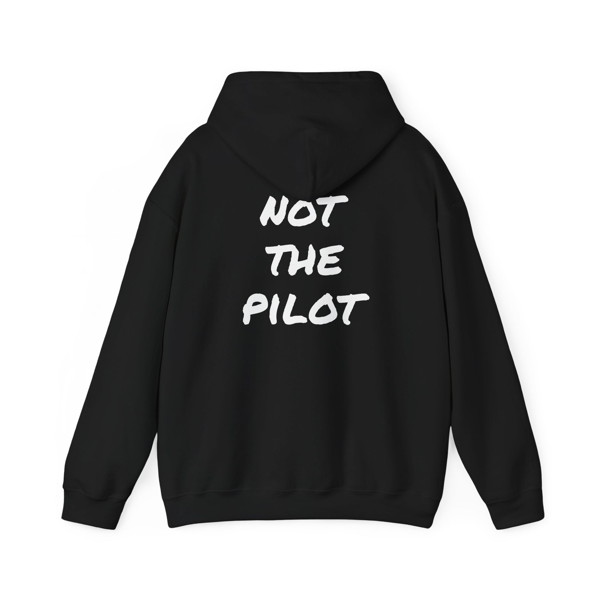 Black hoodie with 'NOT THE PILOT' text on the back against a white background