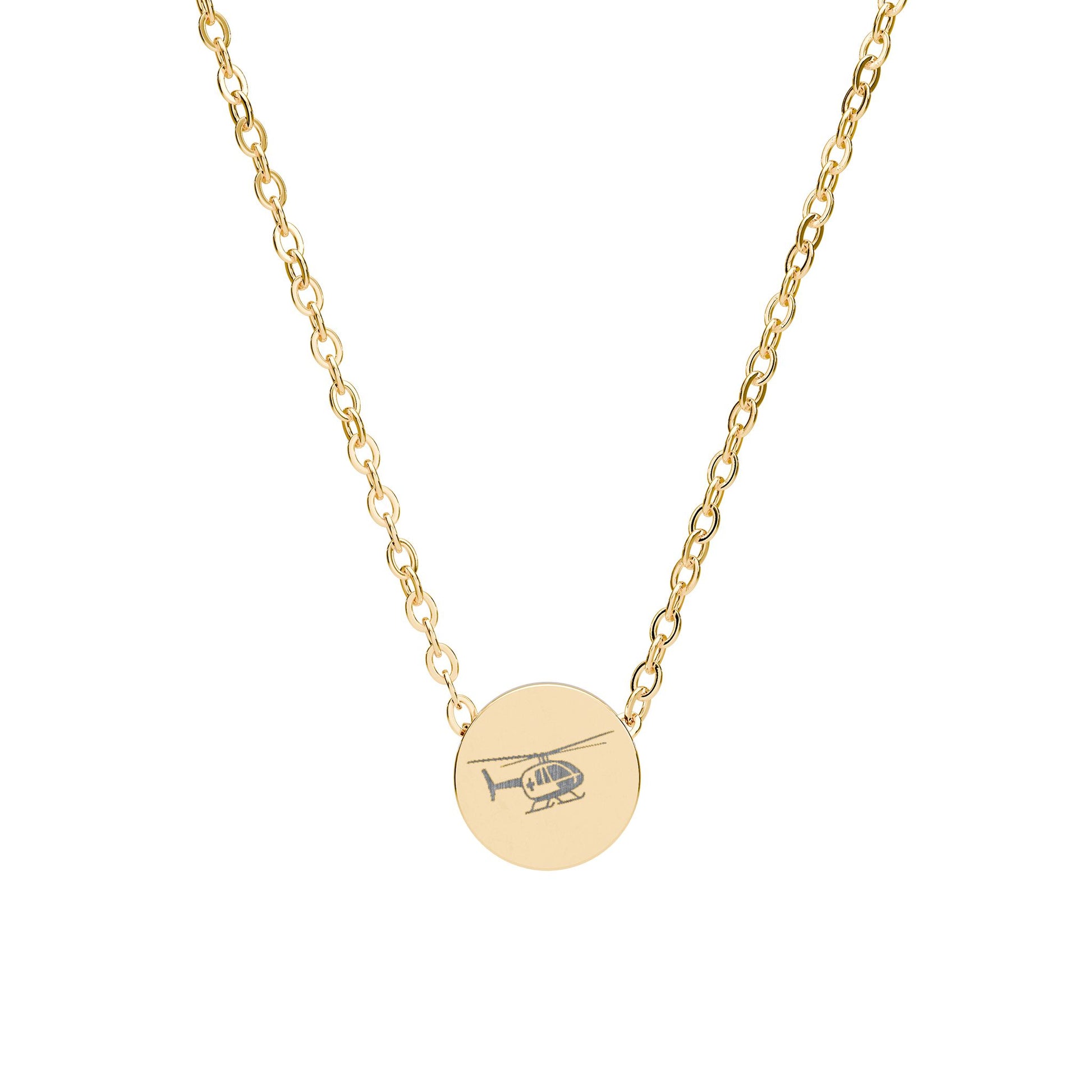 Gold necklace with a round pendant featuring a helicopter design on a white background
