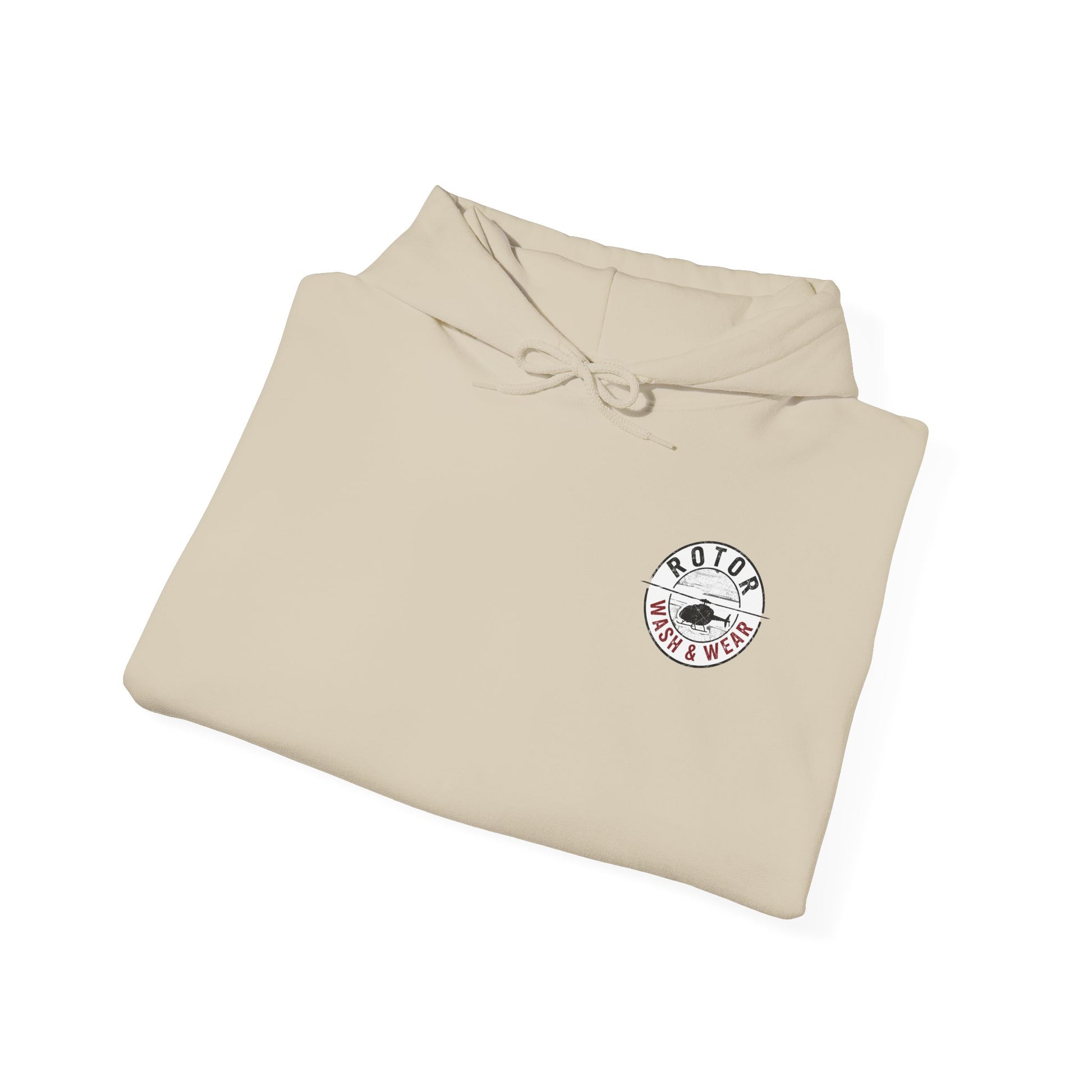 Beige hoodie with a Rotor Wash & Wear logo on a white background