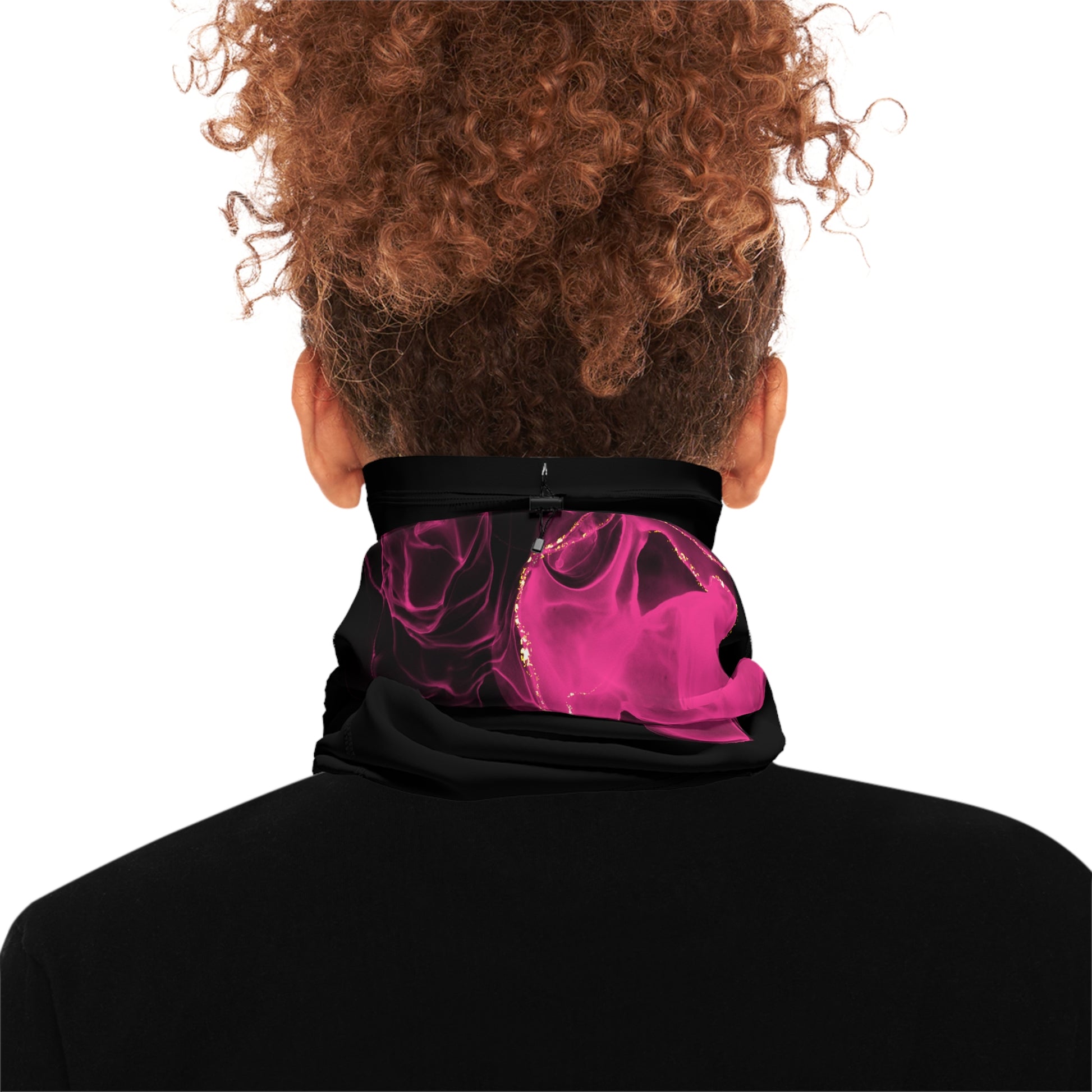 Person wearing black neck gaiter with pink smoke pattern by Rotor Wash & Wear