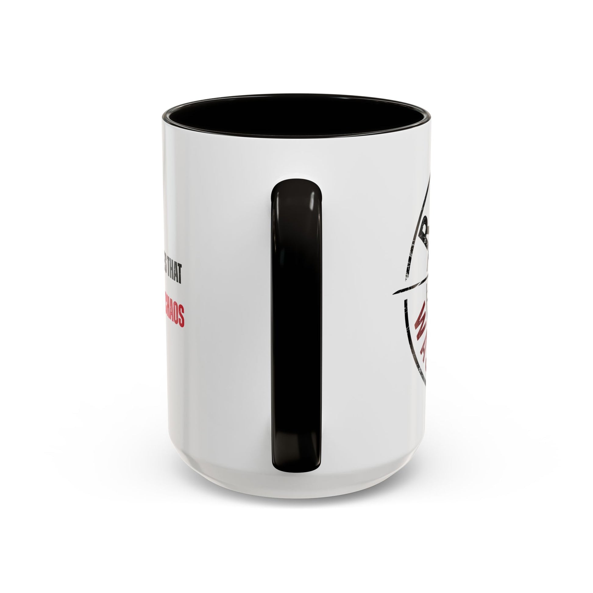 White mug with black interior and handle, featuring a helicopter graphic and text 'Rotor Wash & Wear' on a white background.