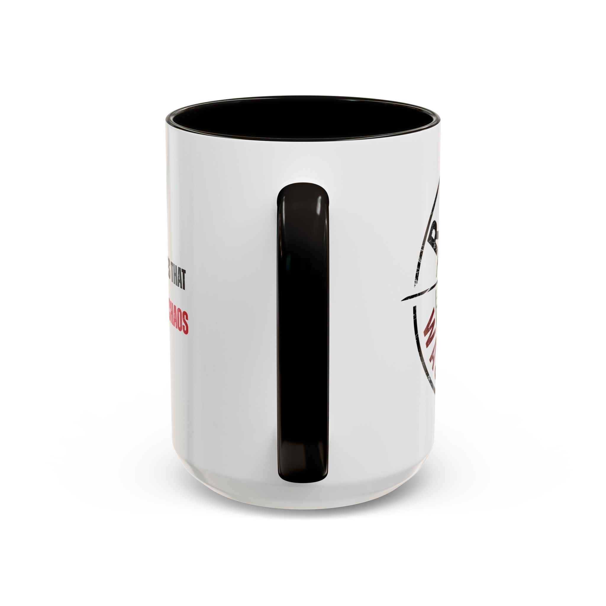 White mug with black interior and handle, featuring a helicopter graphic and text 'Rotor Wash & Wear' on a white background.