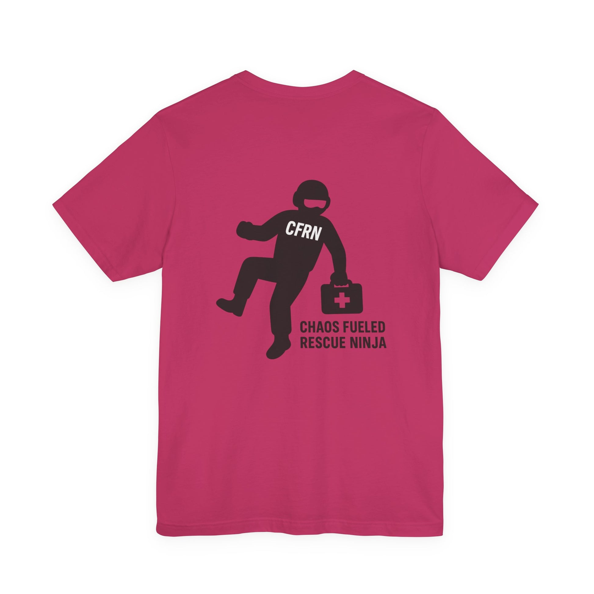 Pink t-shirt with a graphic design of a flight nurse/ninja with "CFRN" on their chest and the text "chaos fueled rescue ninja" on a white background by Rotor Wash & Wear