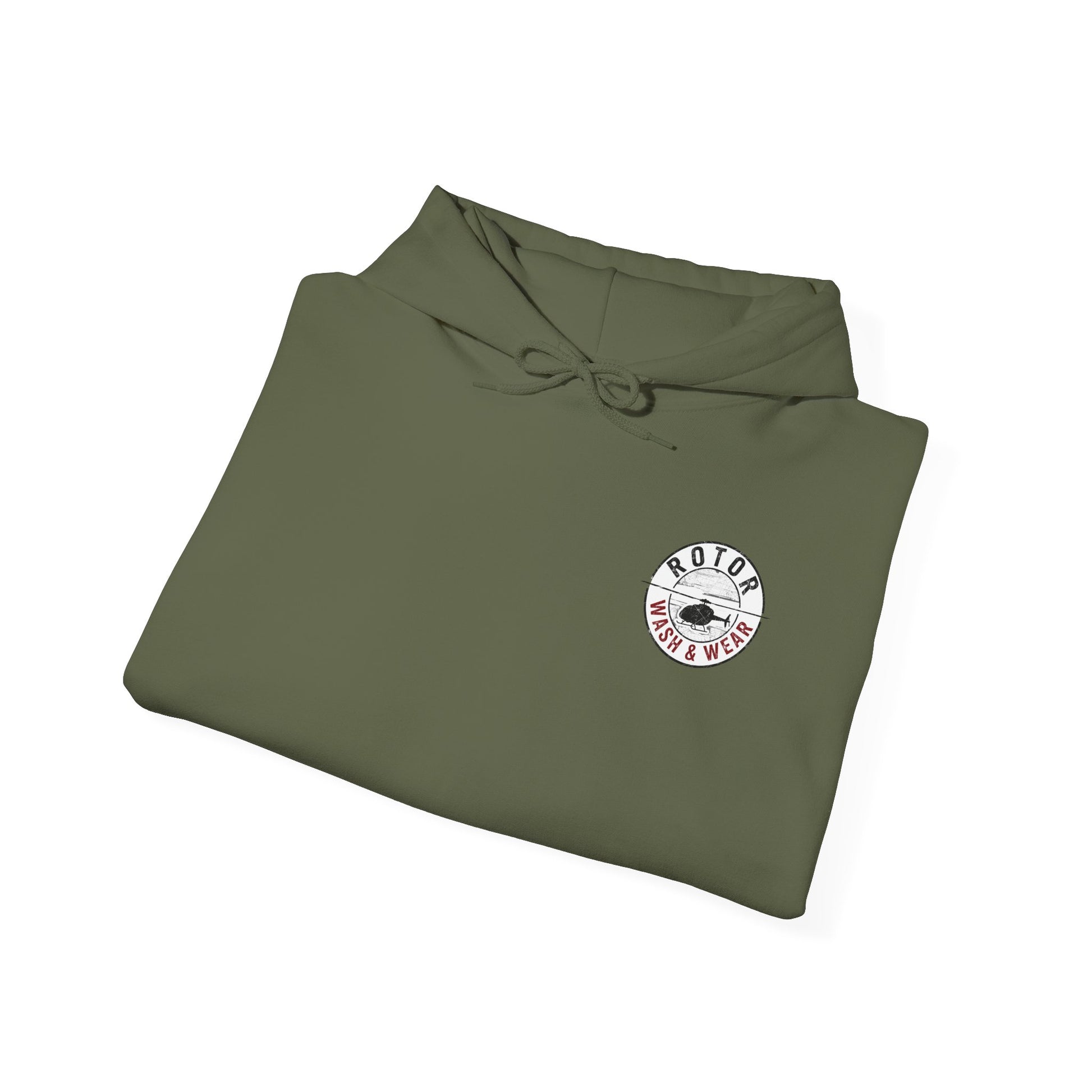 Folded green hoodie with a Rotor Wash & Wear logo on a white background