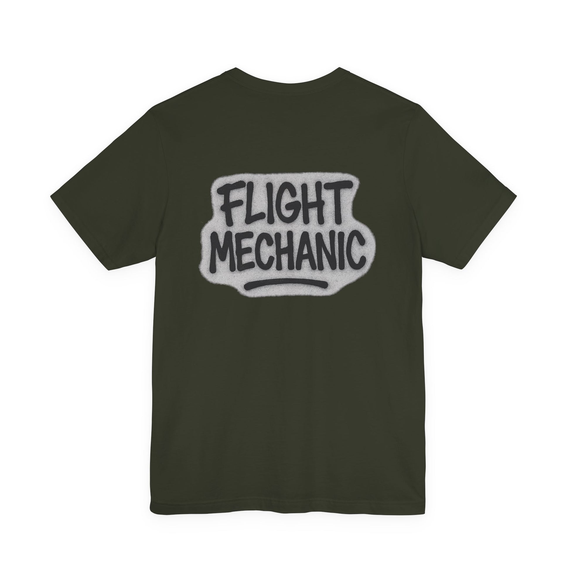 Dark olive t-shirt with graffiti style 'FLIGHT MECHANIC' text on the back against a white background