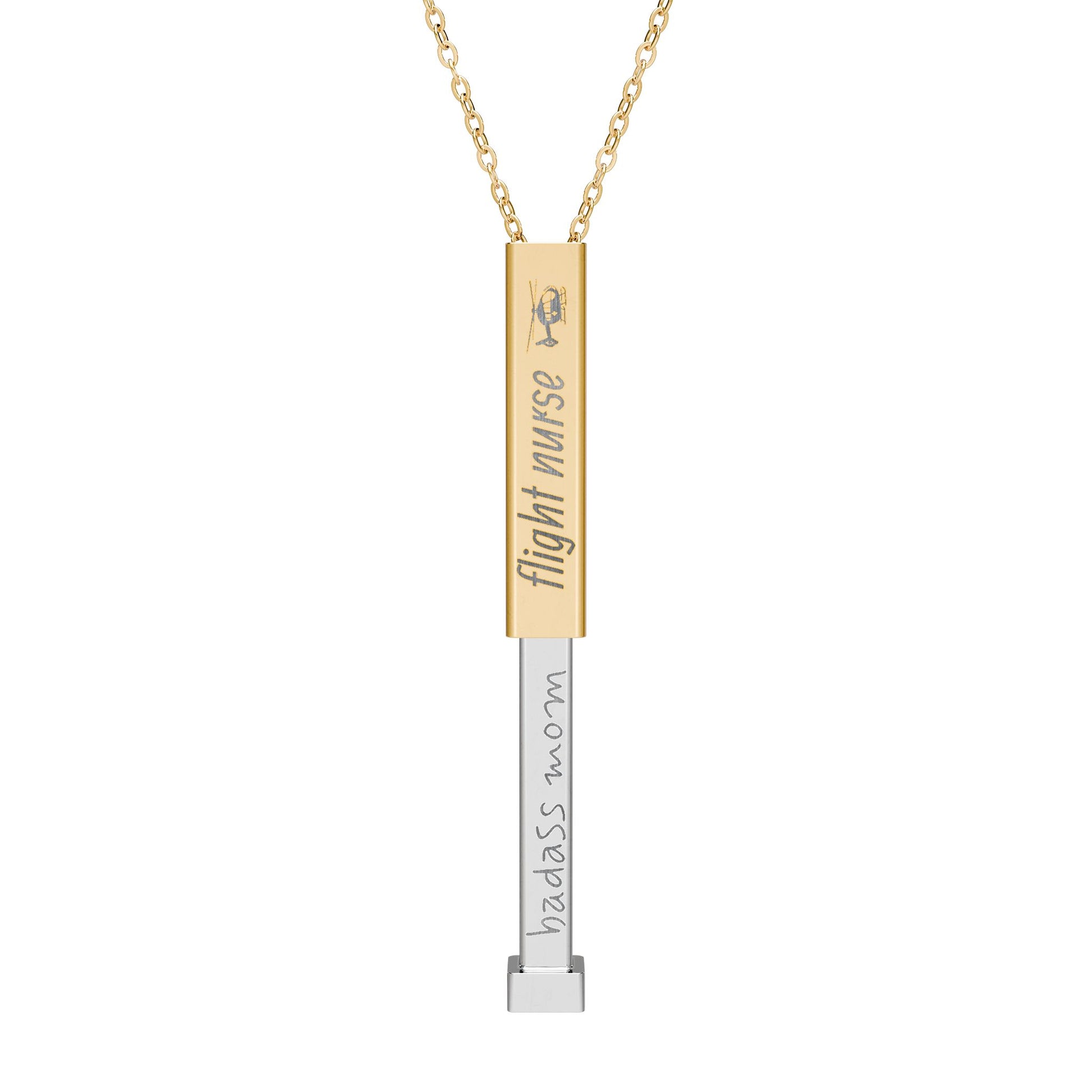 Silver and gold two-toned necklace with a cylindrical pendant engraved with 'flight nurse' with hidden interior engraving "badass mom" by Rotor Wash & Wear
