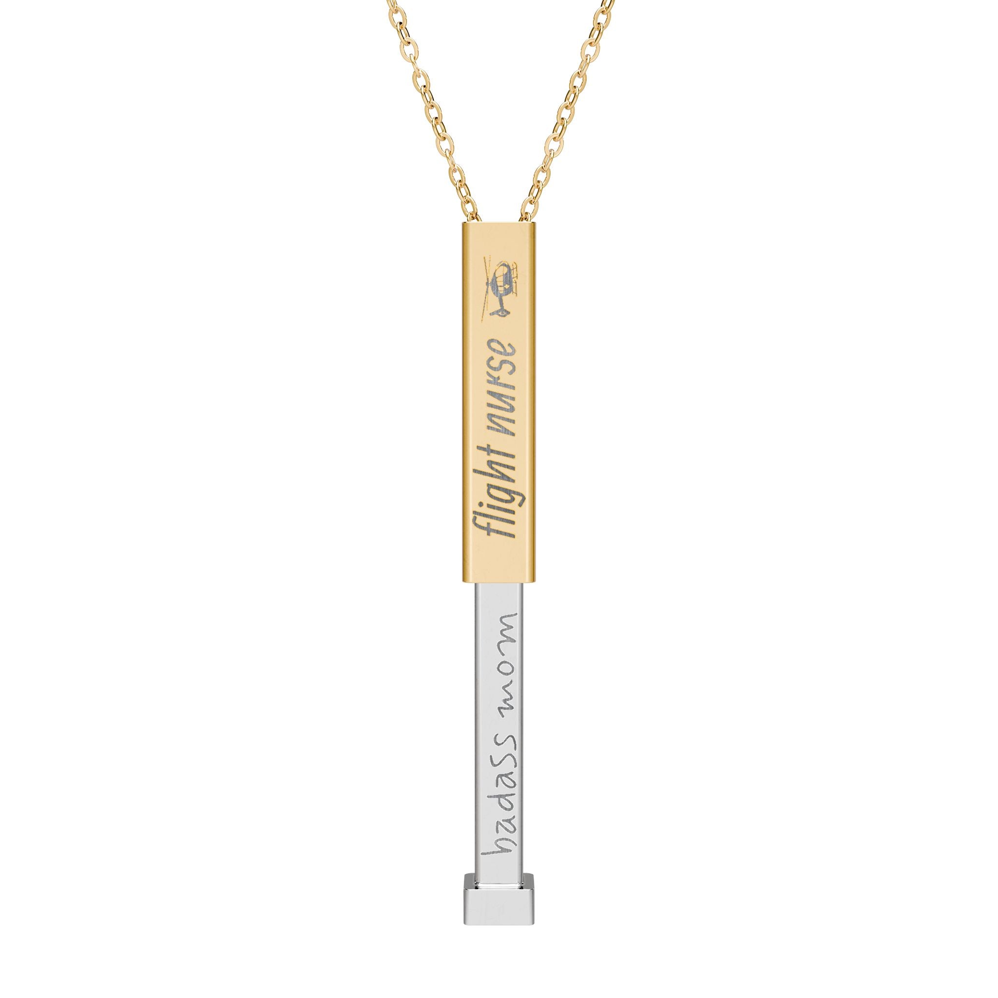 Silver and gold two-toned necklace with a cylindrical pendant engraved with 'flight nurse' with hidden interior engraving "badass mom" by Rotor Wash & Wear