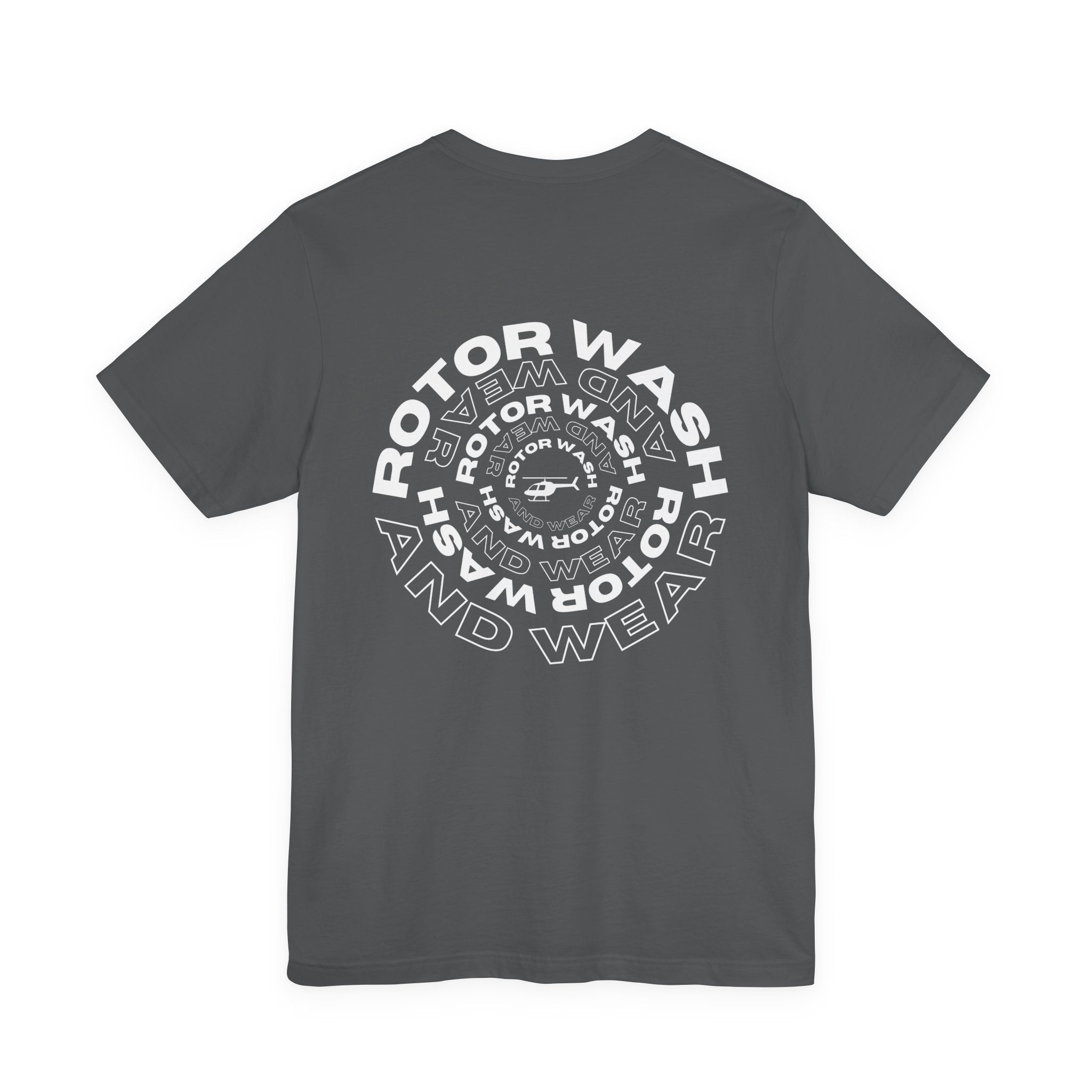 Gray t-shirt with 'Rotor Wash and Wear' circular design text design on a white background