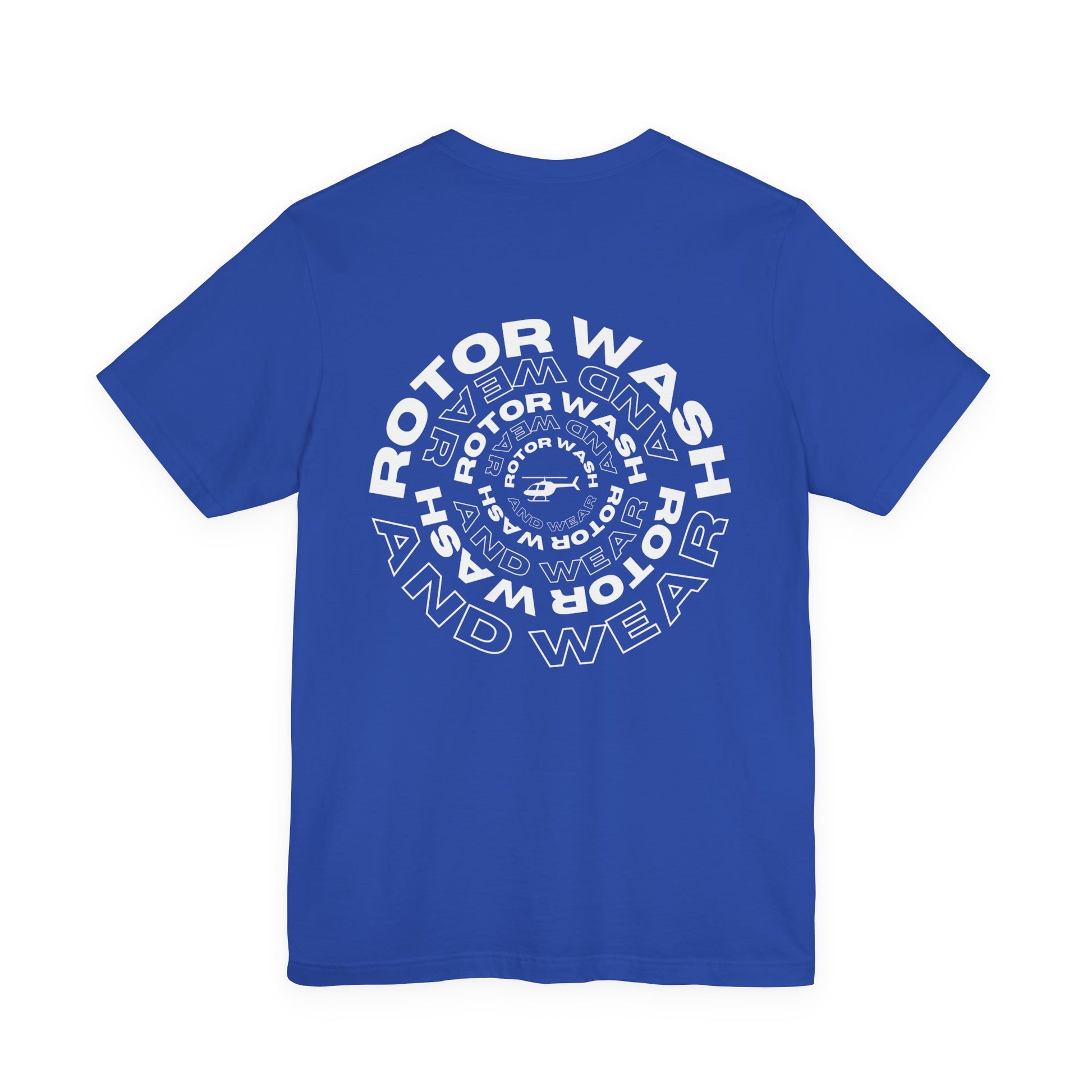 Blue t-shirt with 'Rotor Wash and Wear' circular design text design on a white background