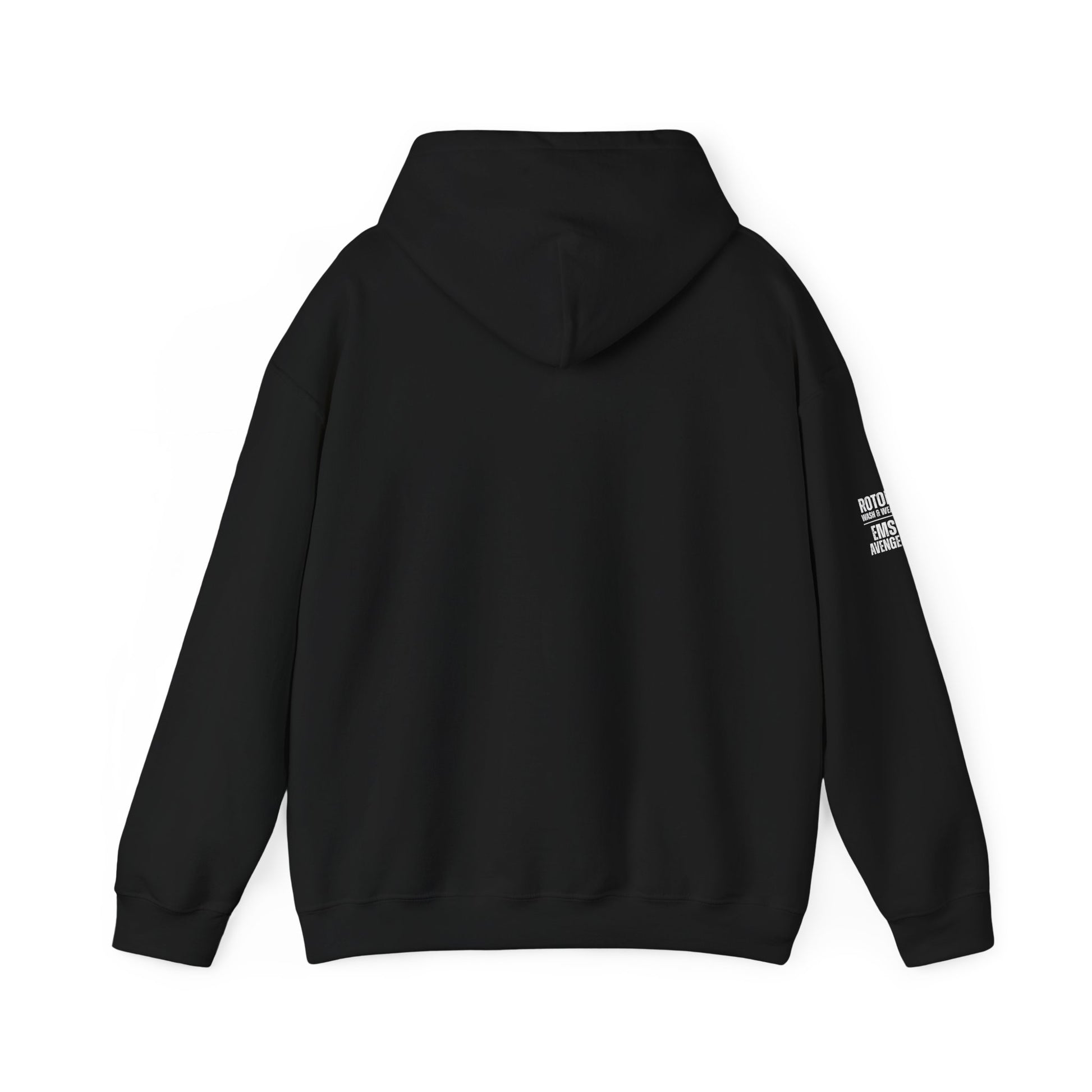 Black hoodie with a brand logo on the sleeve against a white background