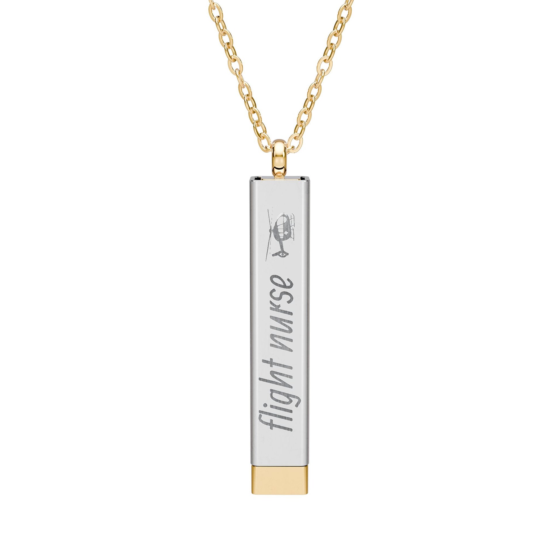 Silver and gold two-toned necklace with a cylindrical pendant engraved with 'flight nurse' with hidden interior engraving "badass mom" by Rotor Wash & Wear