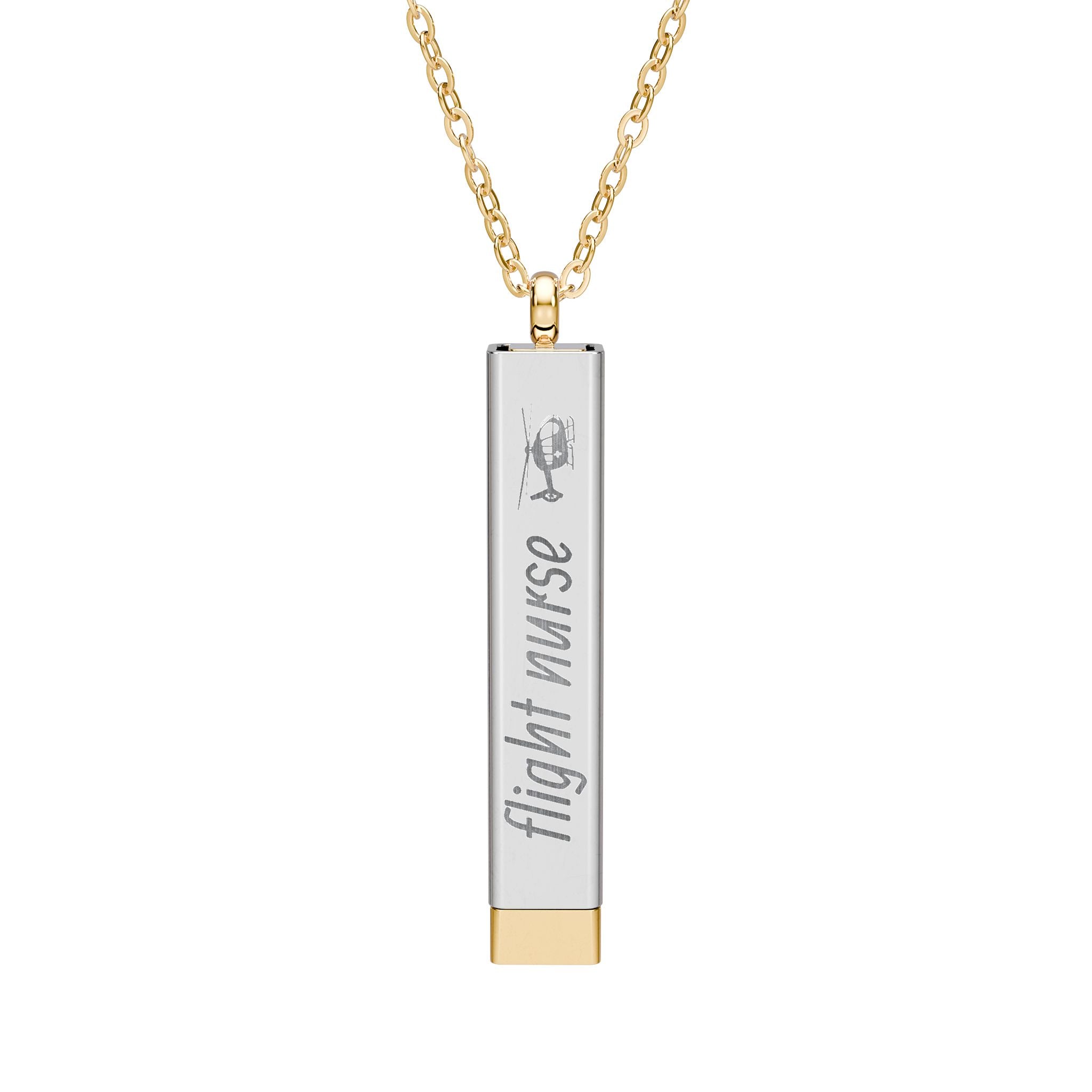 Silver and gold two-toned necklace with a cylindrical pendant engraved with 'flight nurse' with hidden interior engraving "badass mom" by Rotor Wash & Wear