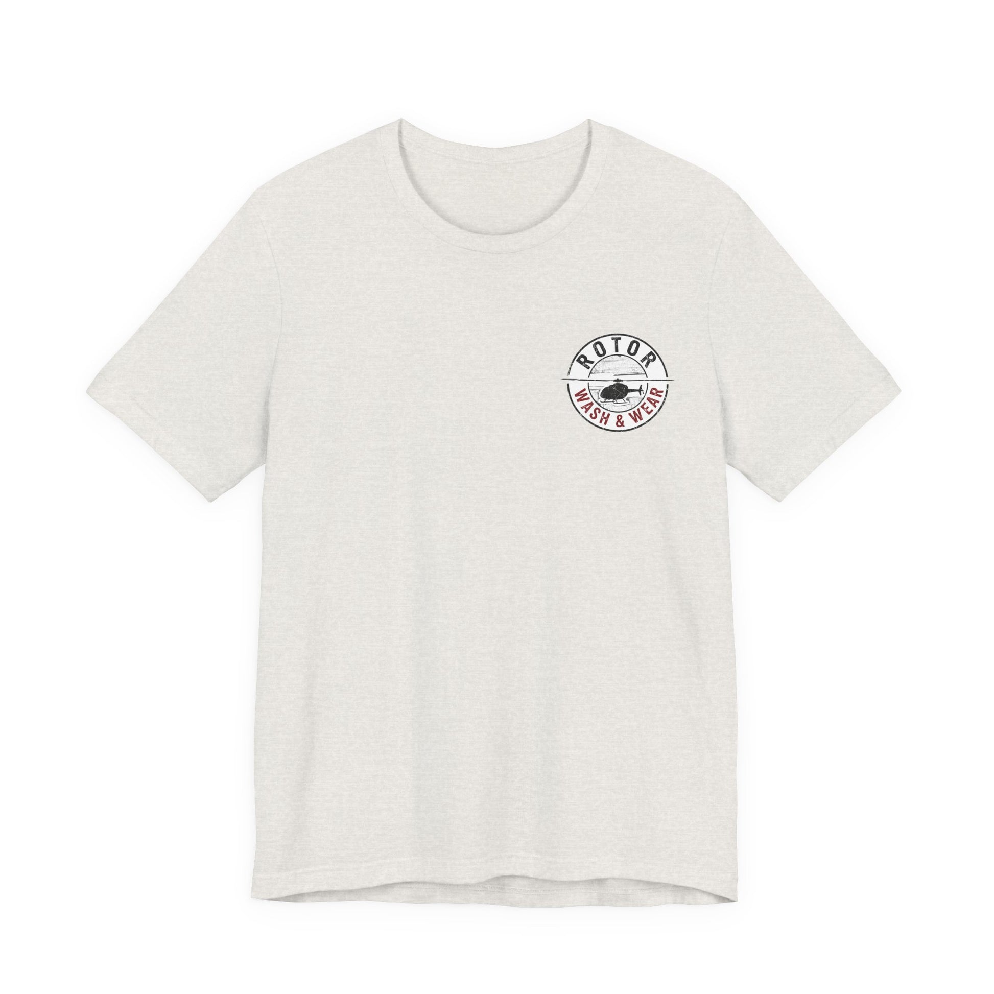 Heather cement t-shirt with a white logo "Rotor Wash & Wear" on a white background