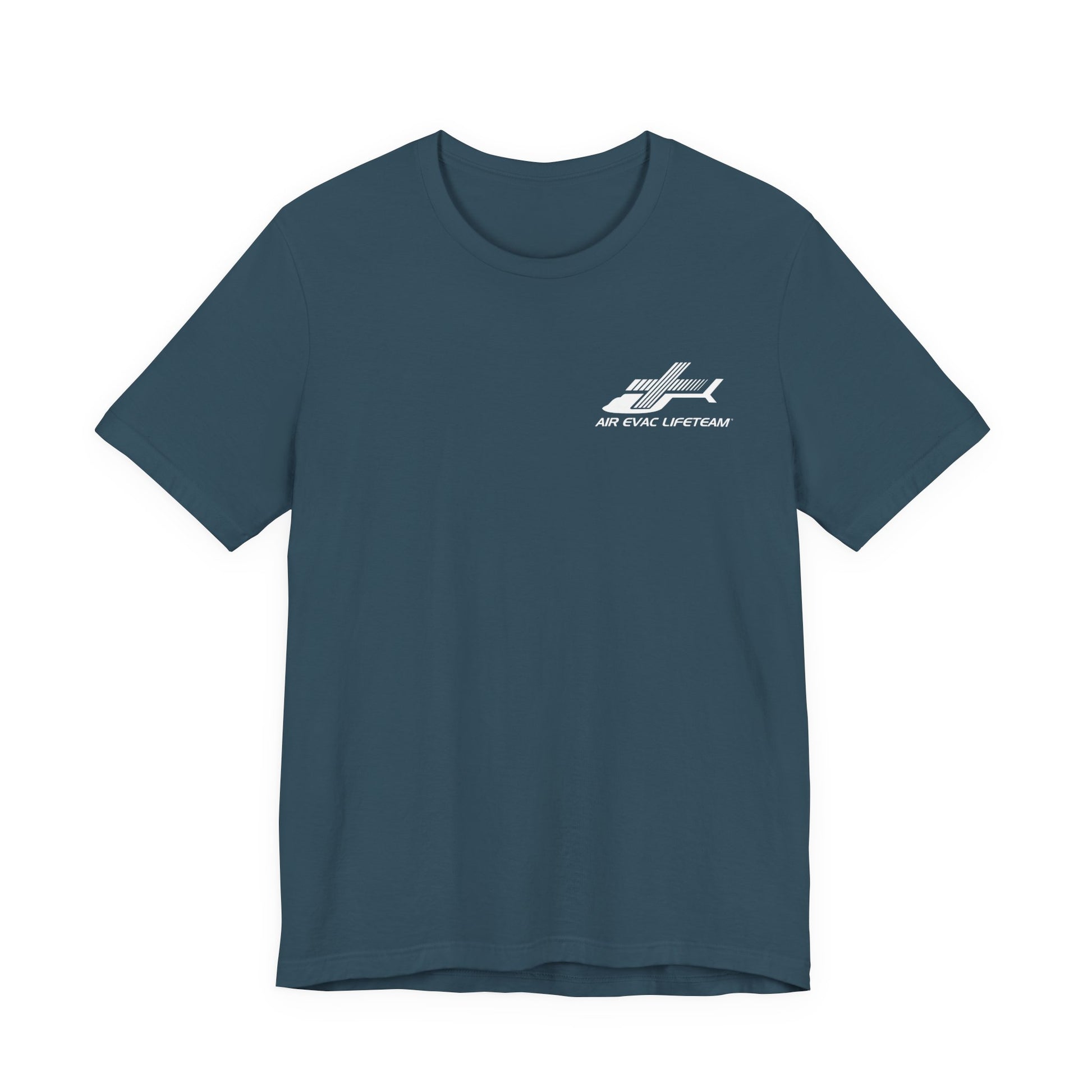 Deep teal t-shirt with a white Air Evac Lifeteam logo on a white background
