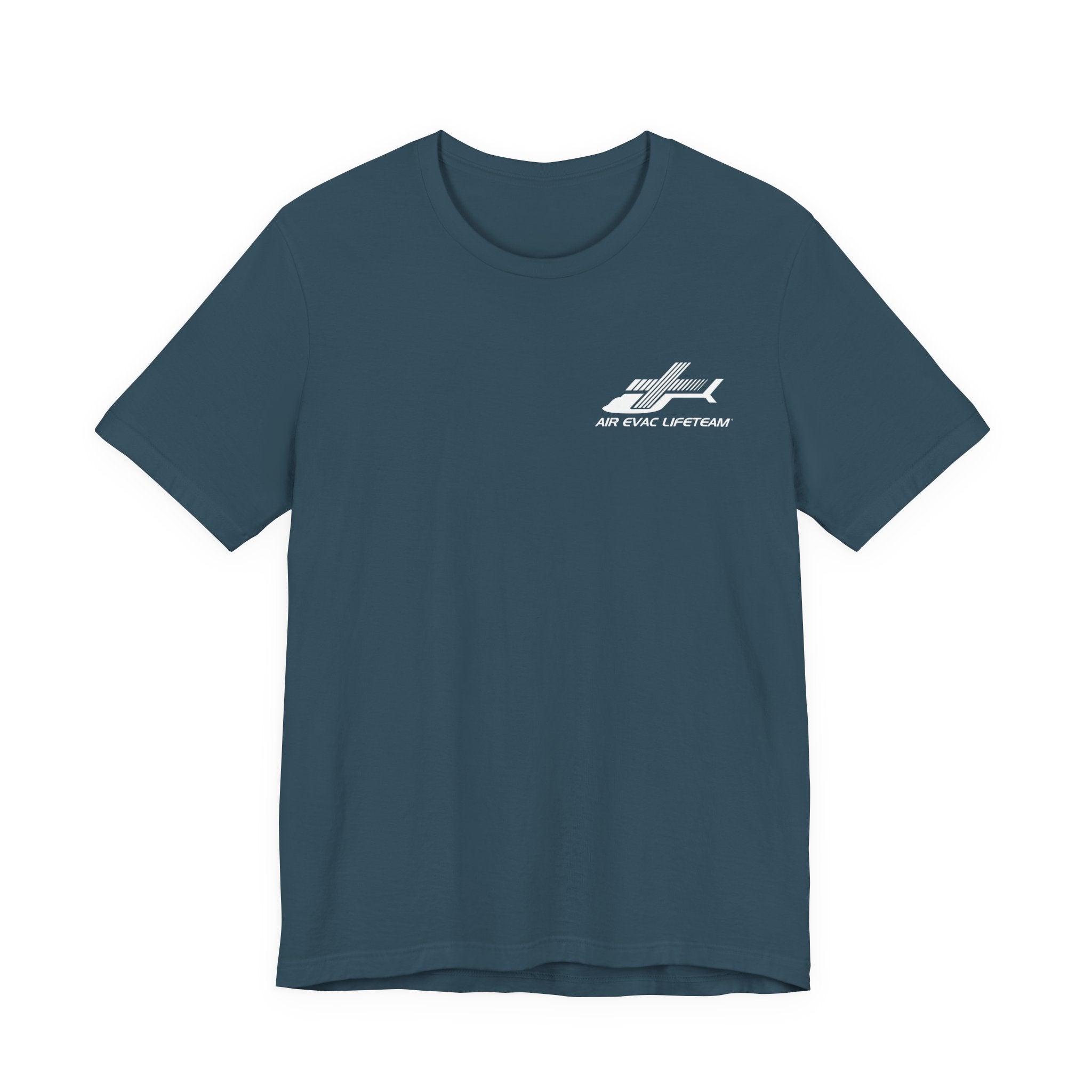 Deep teal t-shirt with a white Air Evac Lifeteam logo on a white background