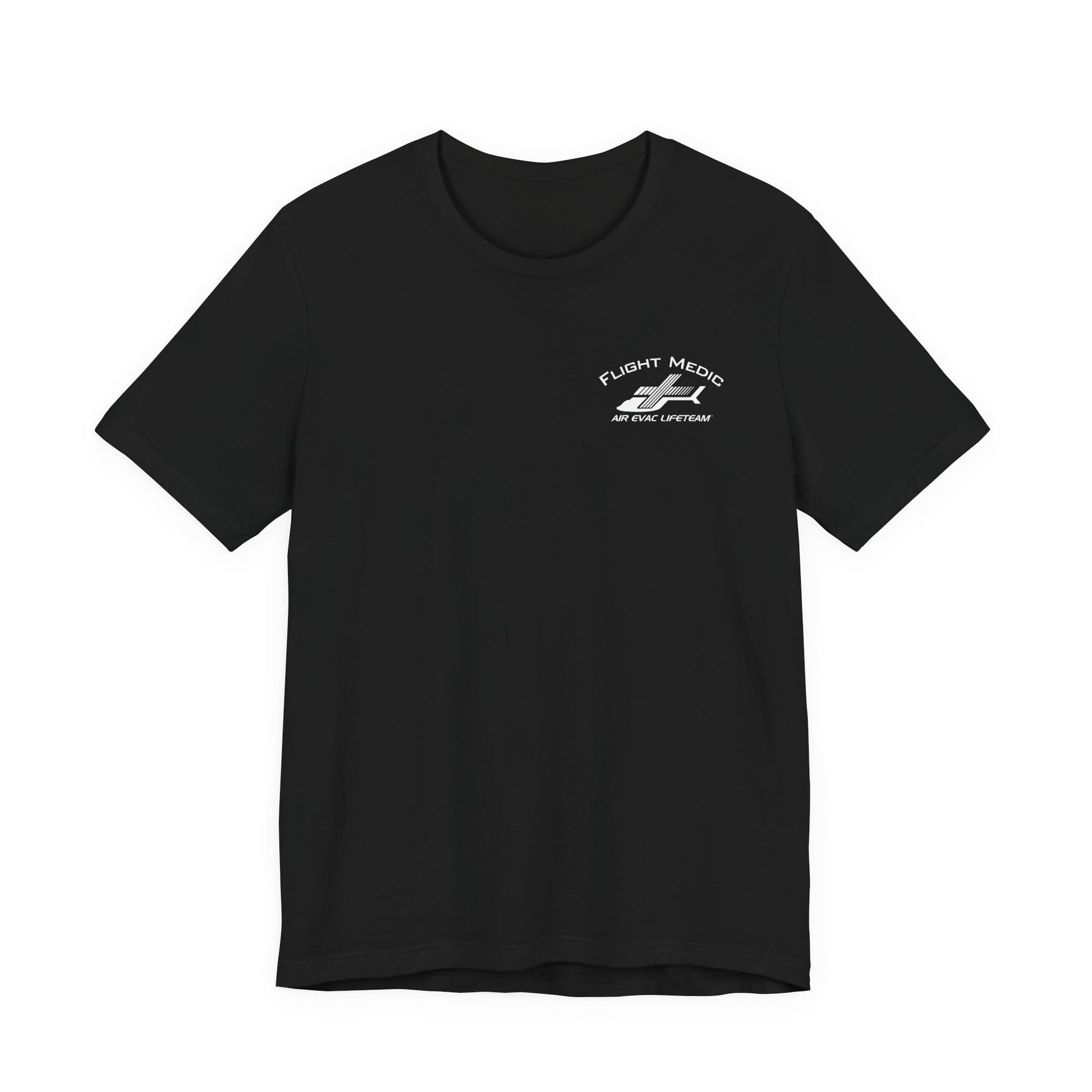 Black t-shirt with small 'Flight Medic" text and Air Evac Lifeteam' logo on the left chest by Rotor Wash & Wear