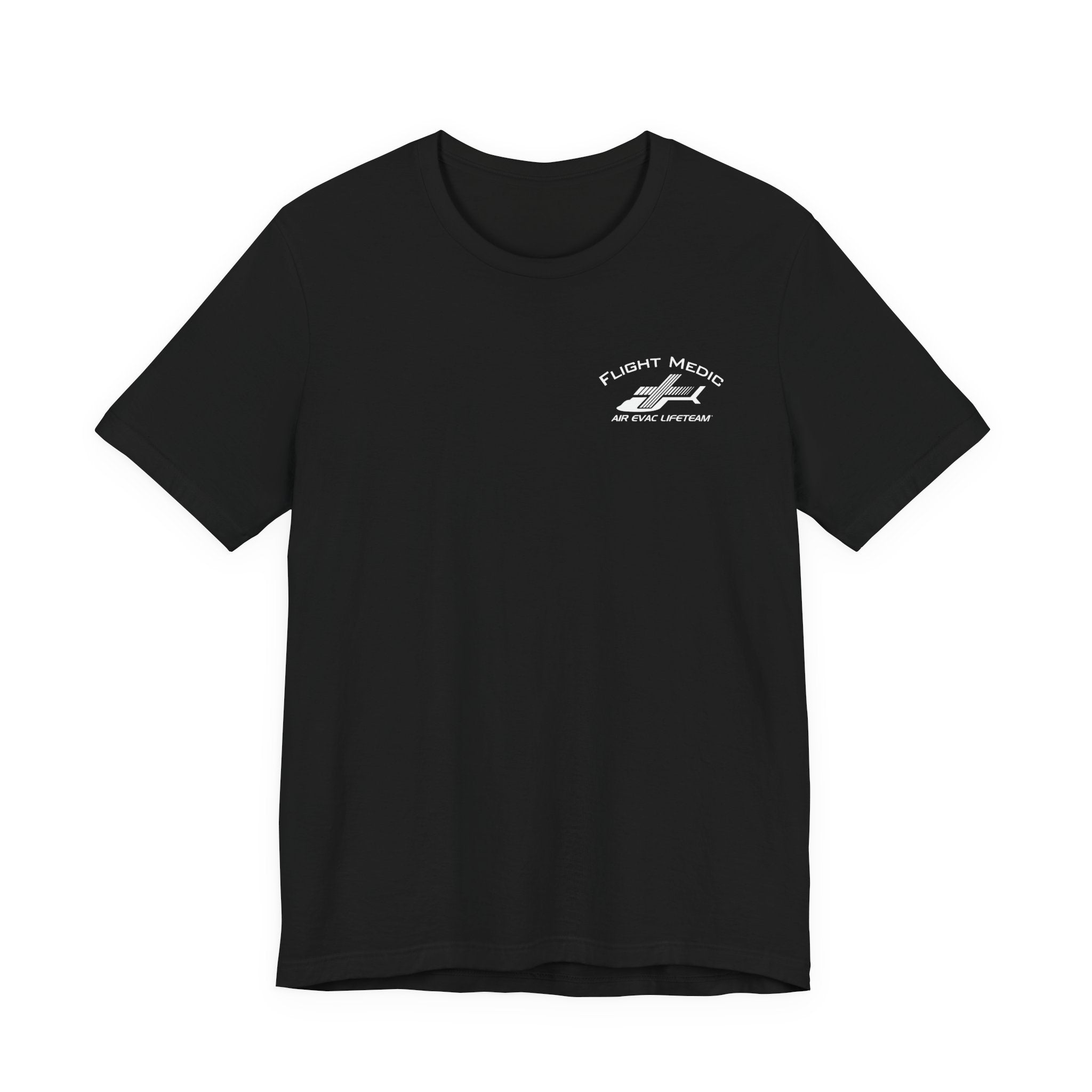 Black t-shirt with small 'Flight Medic" text and Air Evac Lifeteam' logo on the left chest by Rotor Wash & Wear