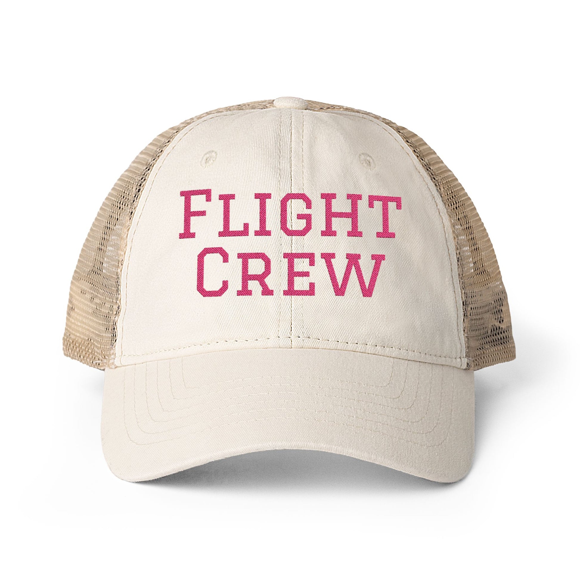 Beige and tan women's trucker hat with 'Flight Crew' embroidery in dark pink by Rotor Wash & Wear