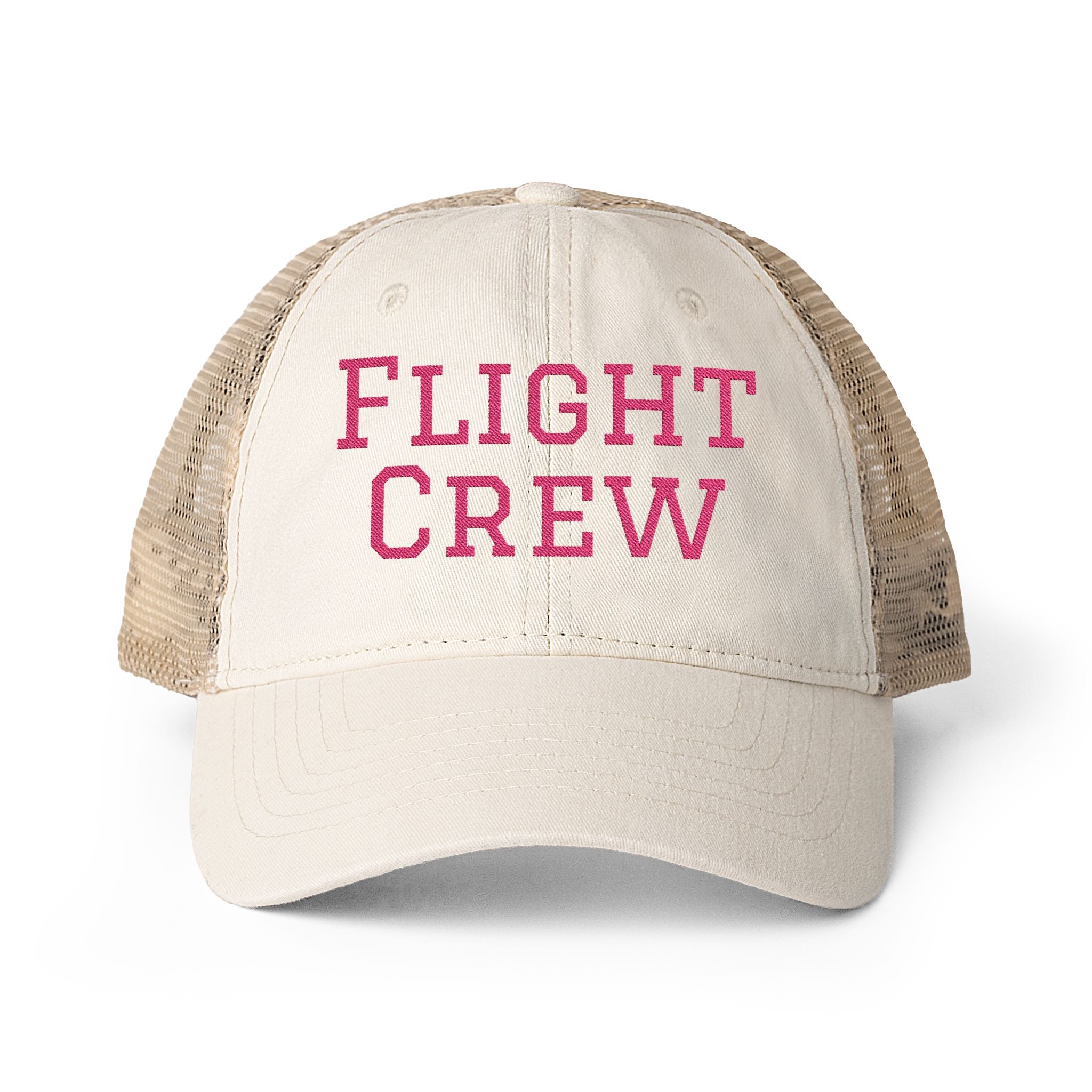 Beige and tan women's trucker hat with 'Flight Crew' embroidery in dark pink by Rotor Wash & Wear