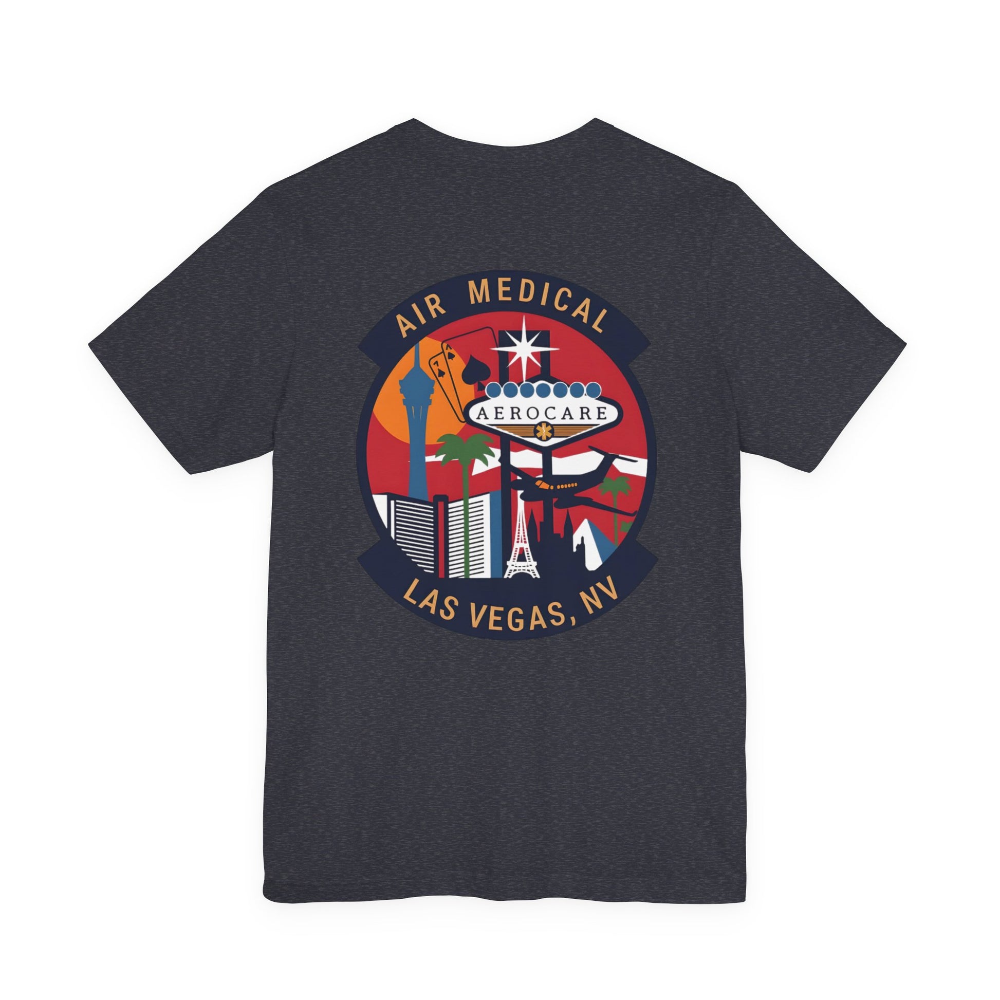 Dark gray t-shirt with Aerocare Las Vegas graphic design by Rotor Wash & Wear