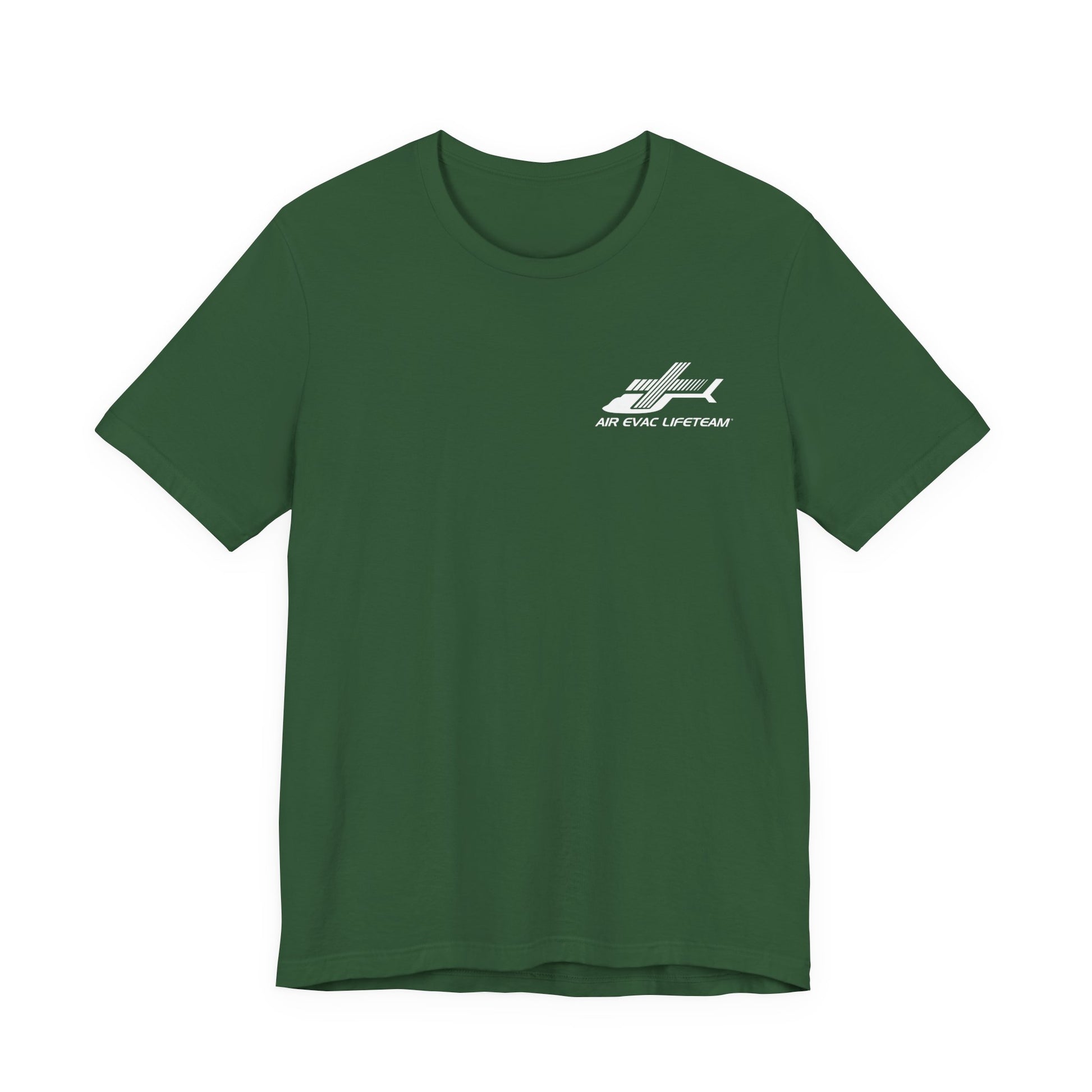 Forest green t-shirt with a white Air Evac Lifeteam logo on a white background