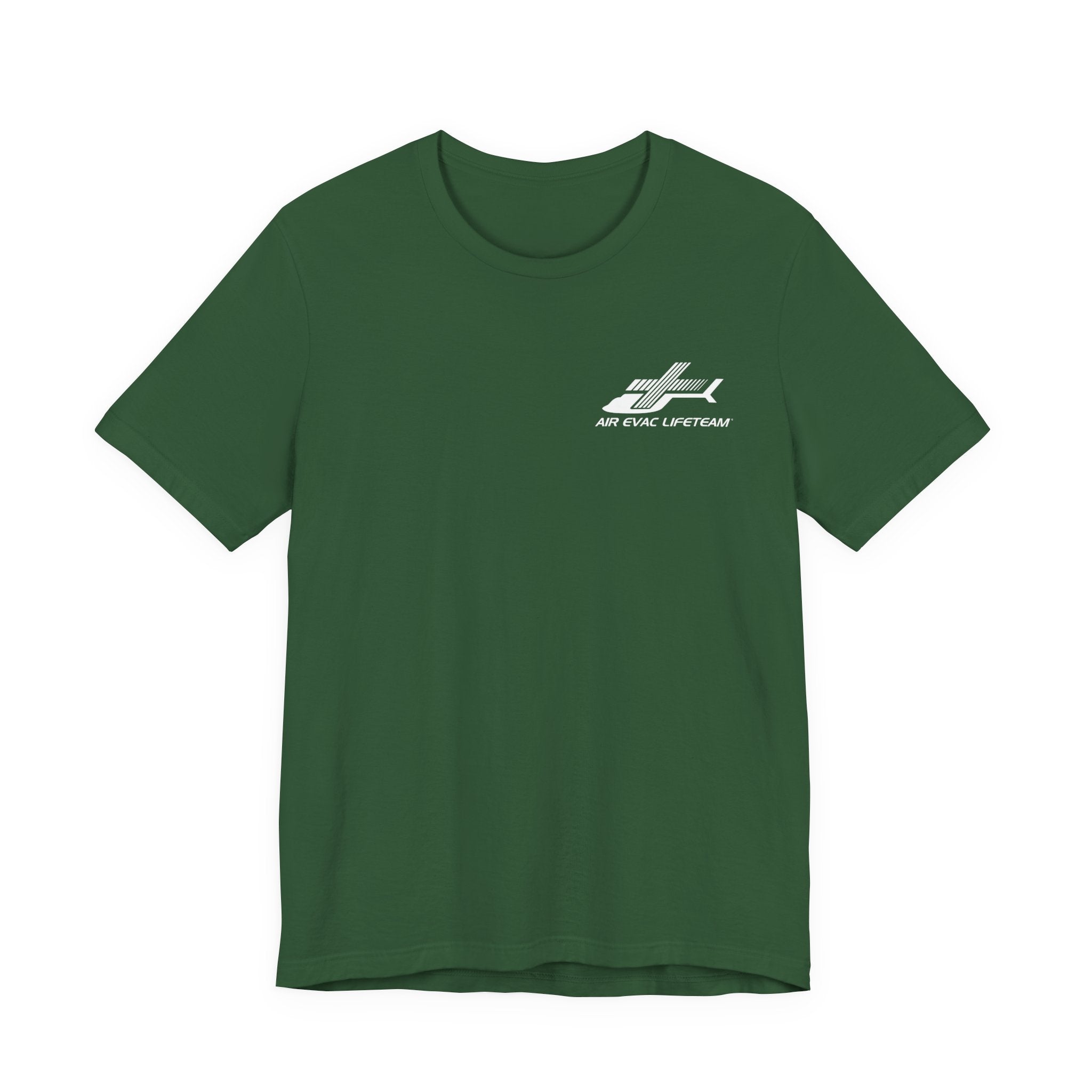 Forest green t-shirt with a white Air Evac Lifeteam logo on a white background