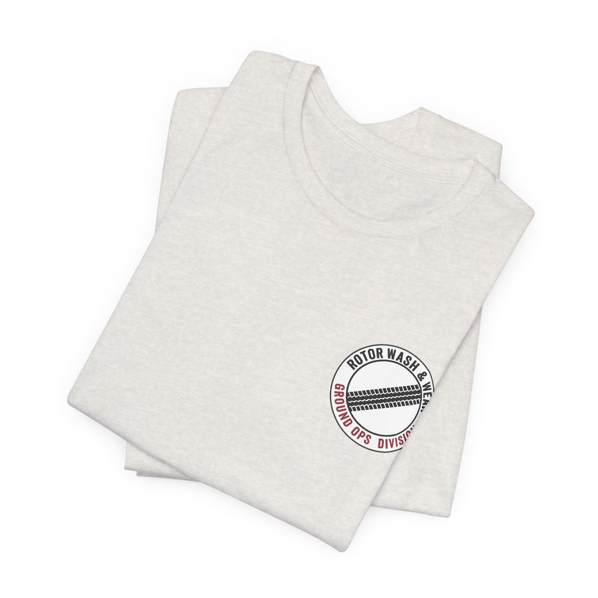 Heather cement t-shirt with a "Rotor Wash & Wear - Ground Ops Division" logo on the left chest on a white background
