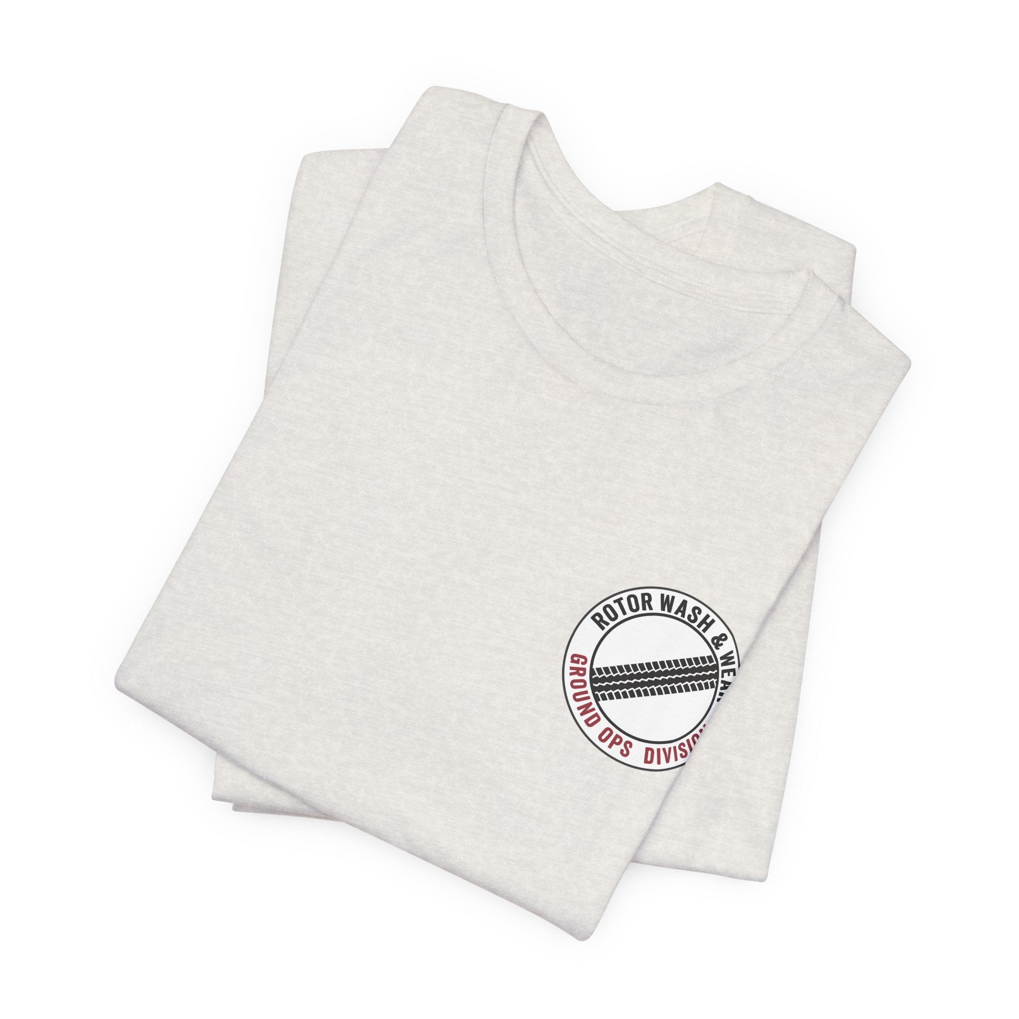 Heather cement t-shirt with a "Rotor Wash & Wear - Ground Ops Division" logo on the left chest on a white background