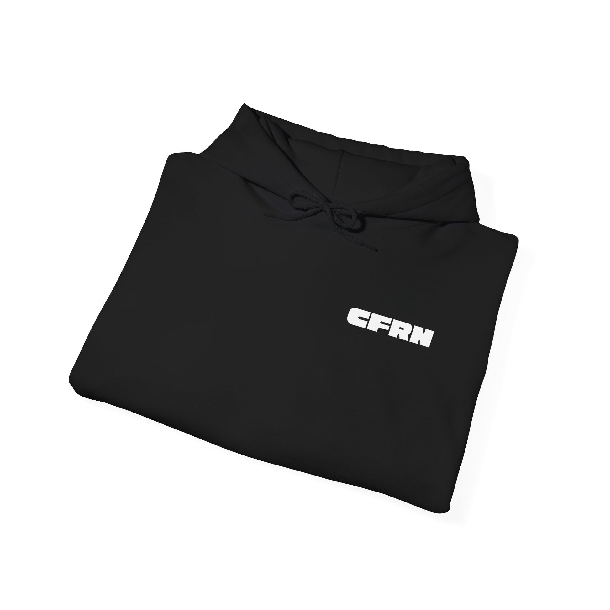 Folded black hoodie with 'CFRN' logo on a white background