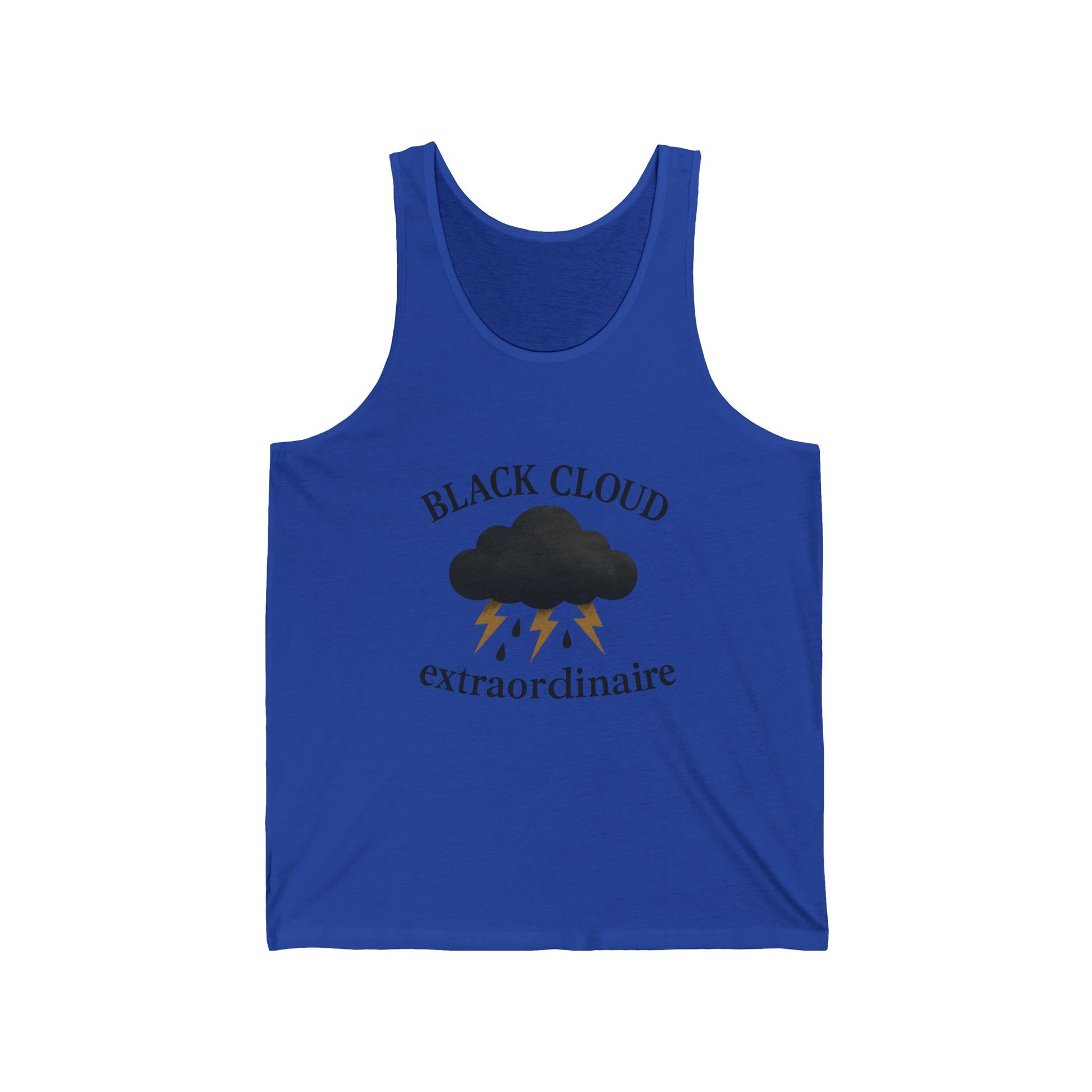 Blue tank top with black cloud graphic and text "Black Cloud Extraordinaire" on a white background