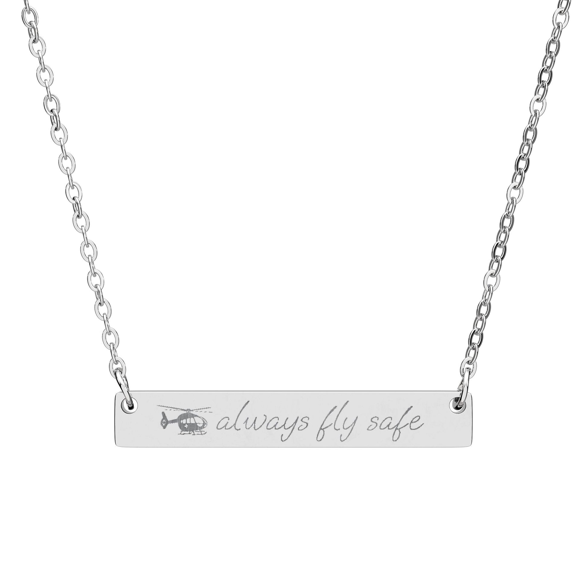 Stainless steel necklace with medical helicopter and 'always fly safe' bar pendant by Rotor Wash & Wear