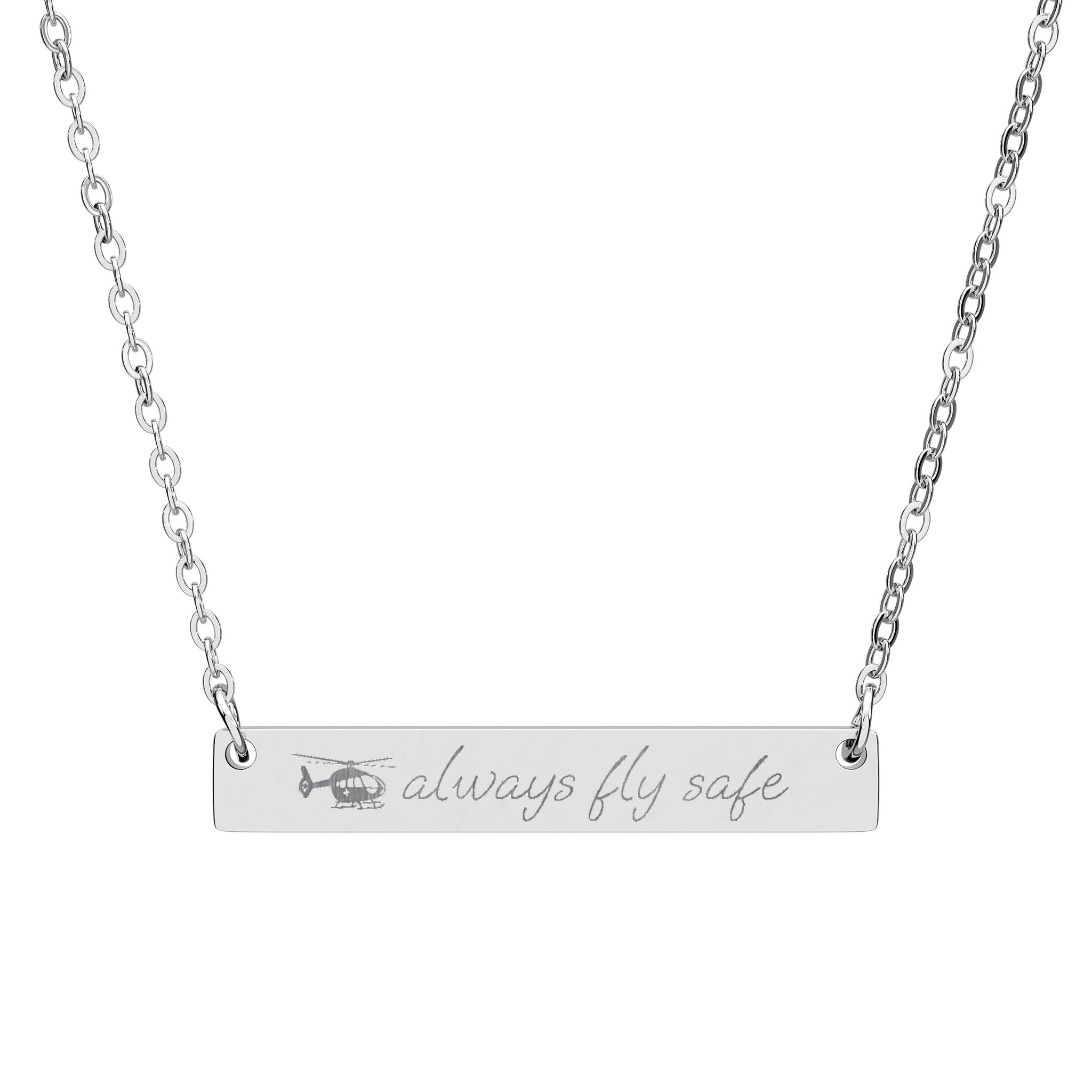 Stainless steel necklace with medical helicopter and 'always fly safe' bar pendant by Rotor Wash & Wear