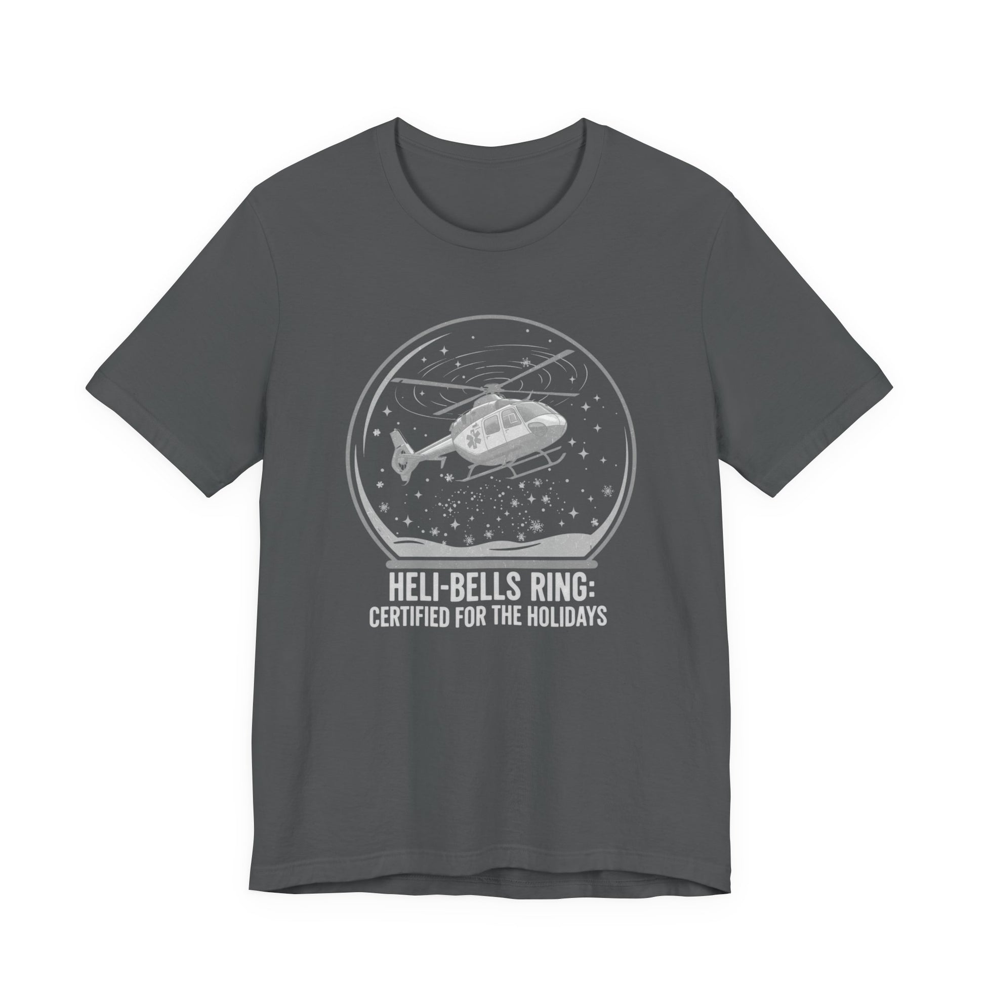 Gray t-shirt with a graphic of a helicopter in a snow globe and text "Heli-bells ring: certified for the holidays" by Rotor Wash & Wear