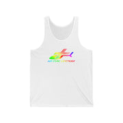 White tank top with rainbow Air Evac Lifeteam logo by Rotor Wash & Wear