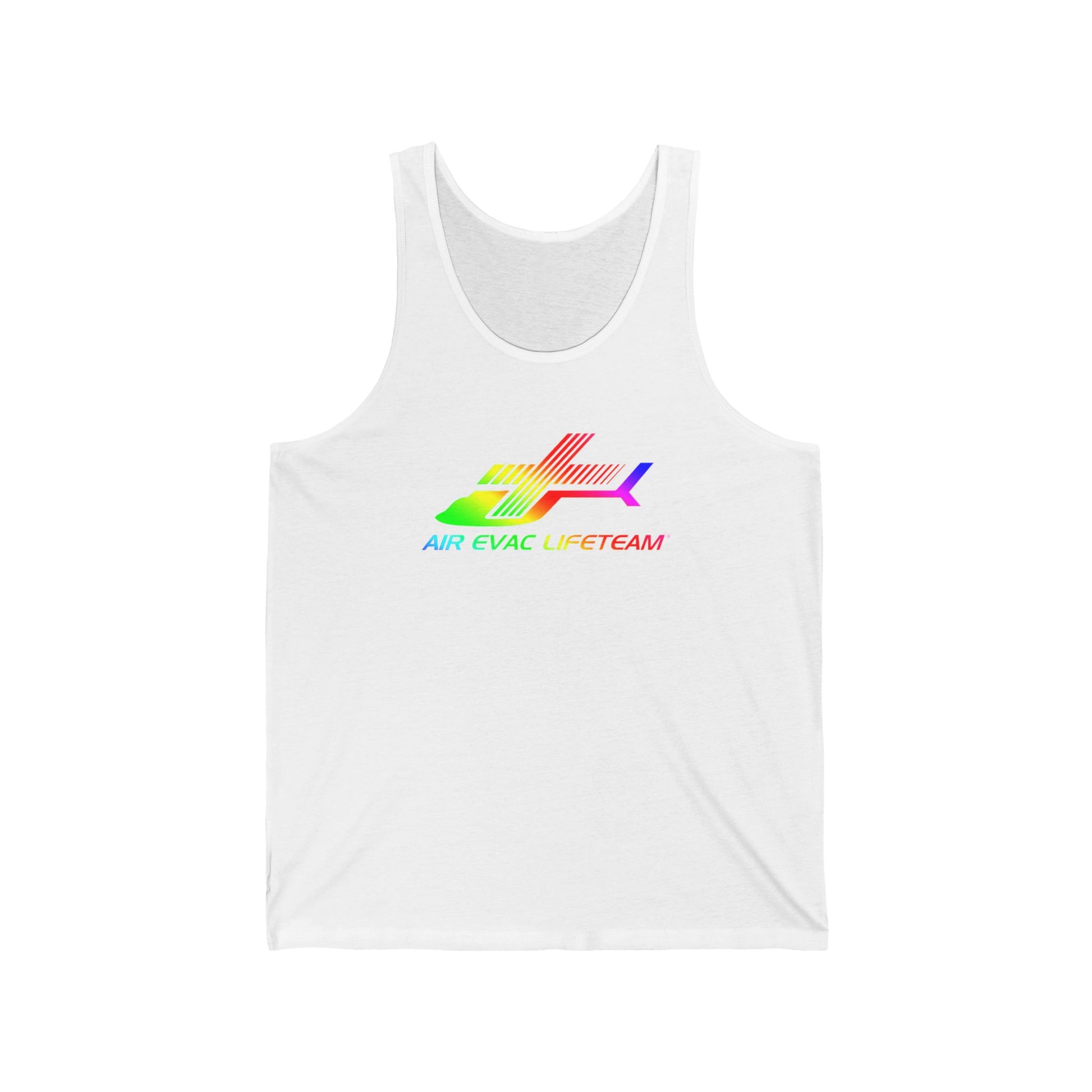 White tank top with rainbow Air Evac Lifeteam logo by Rotor Wash & Wear