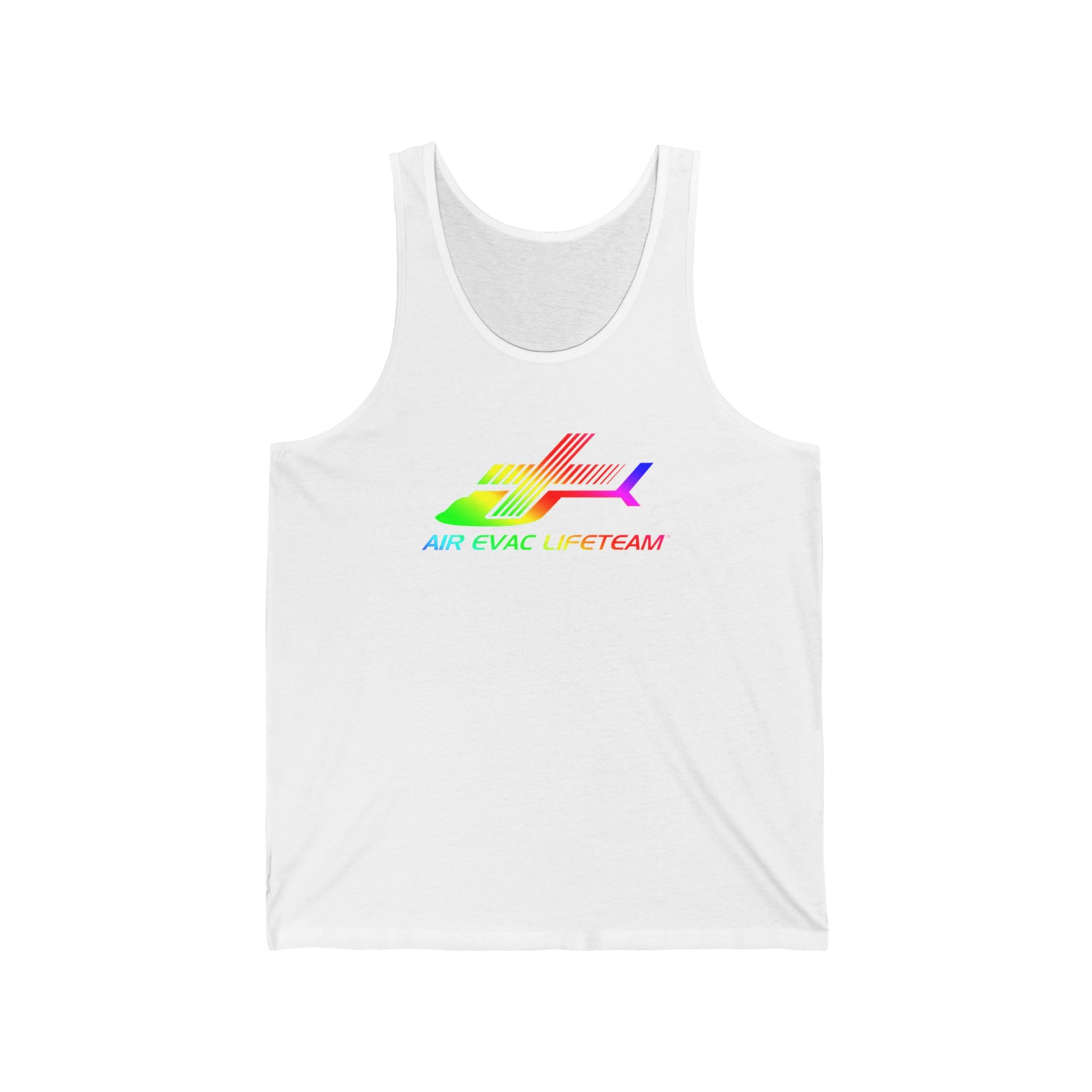 White tank top with rainbow Air Evac Lifeteam logo by Rotor Wash & Wear