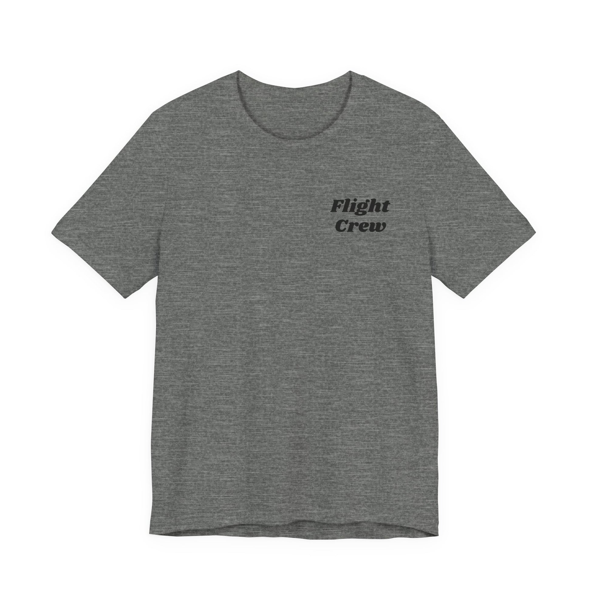 Gray t-shirt with 'Flight Crew' text on a white background