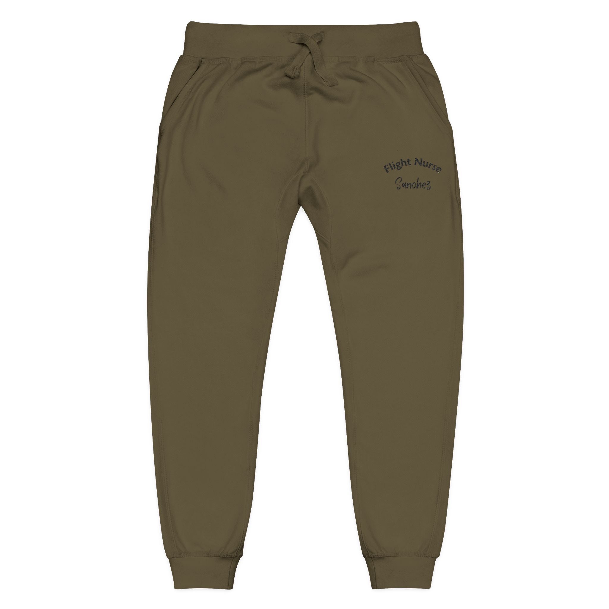 Olive green joggers with embroidered &#39;Flight Nurse Sanchez&#39; text on the thigh against a white background
