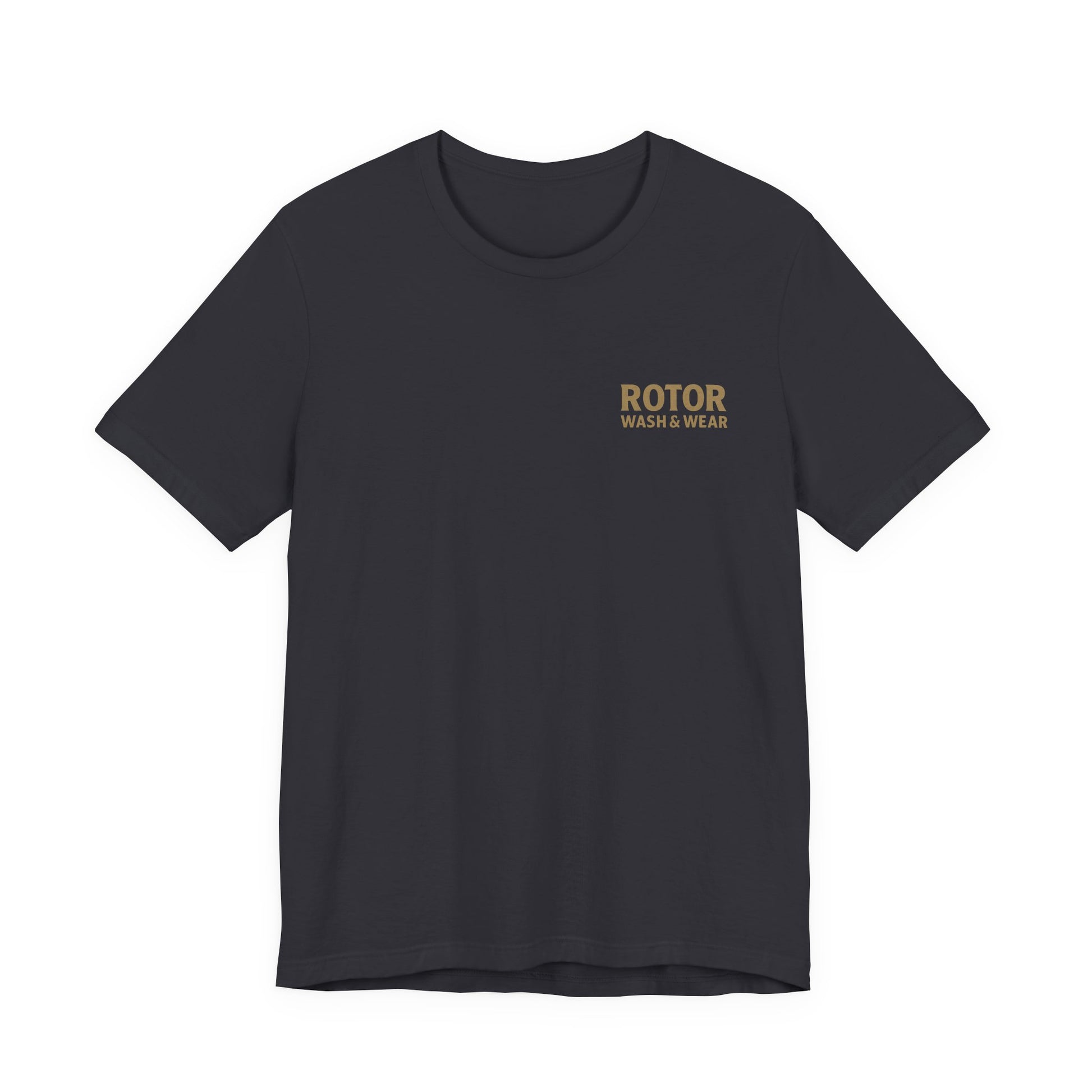 Black t-shirt with 'ROTOR WASH & WEAR' logo on a white background
