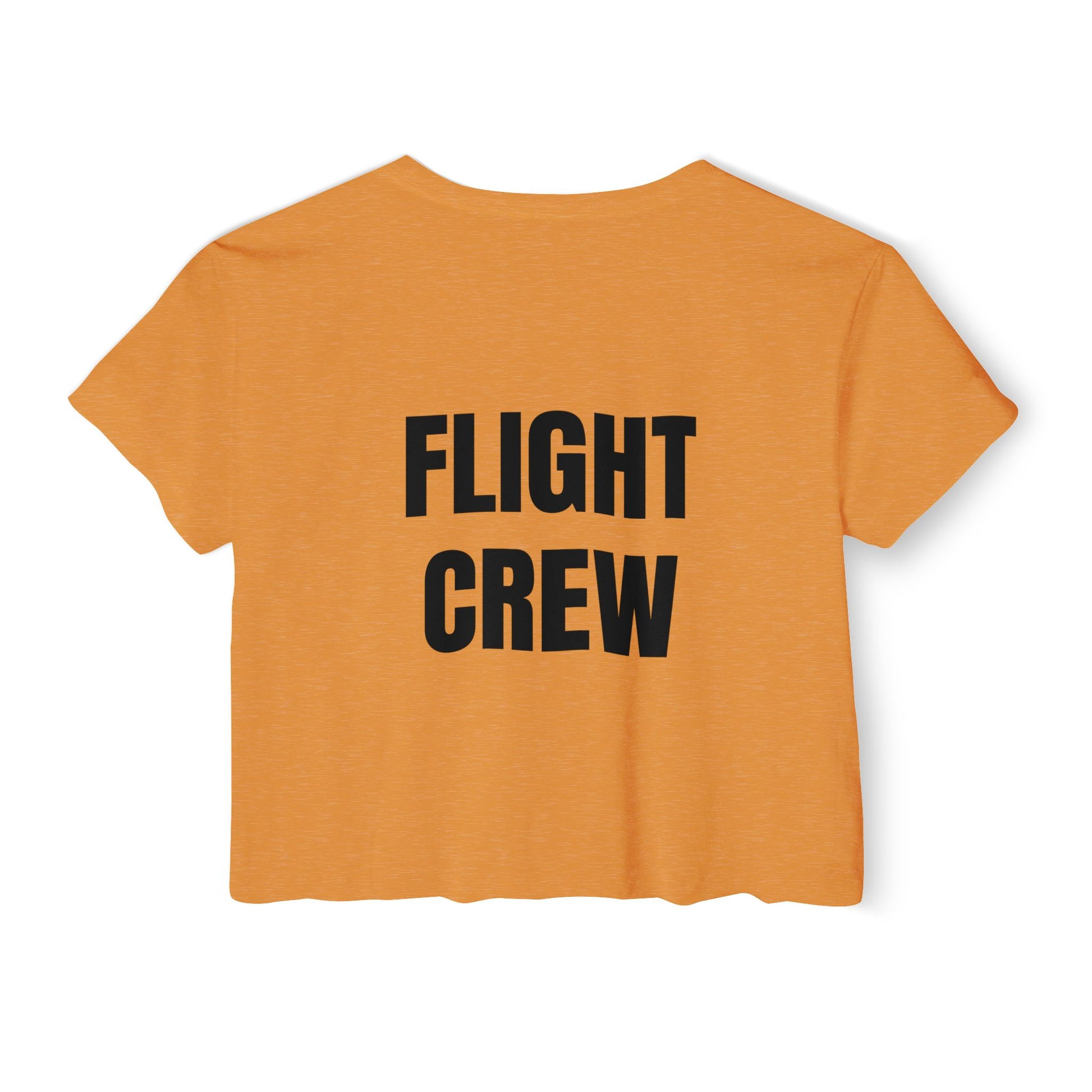 Orange crop top with 'FLIGHT CREW' text on a white background
